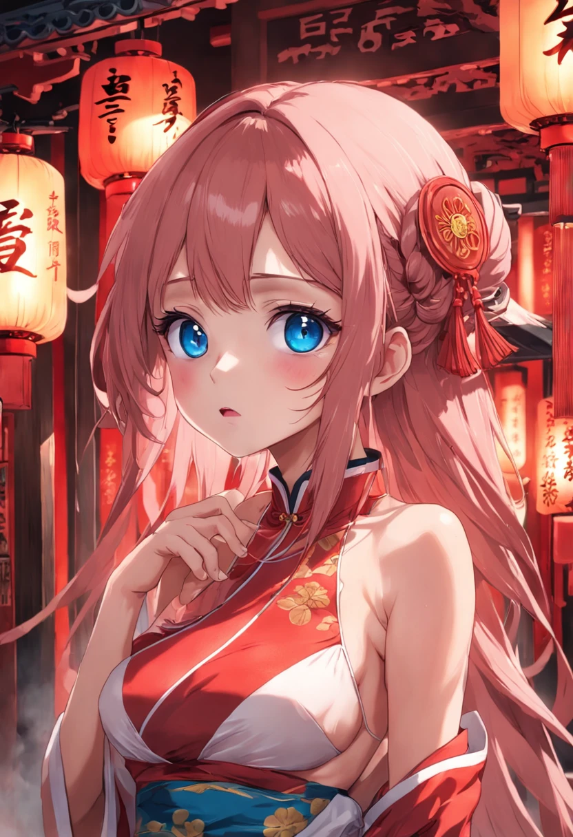 tmasterpiece，best qualtiy，anime big breast，redheadwear，Young girls，Positively，full bodyesbian，Big eyes，blue color eyes，Put your hands together，Chest protrusion，Chinese style cheongsam，The mouth is slightly open，morbid，frenzied，Saliva drawing