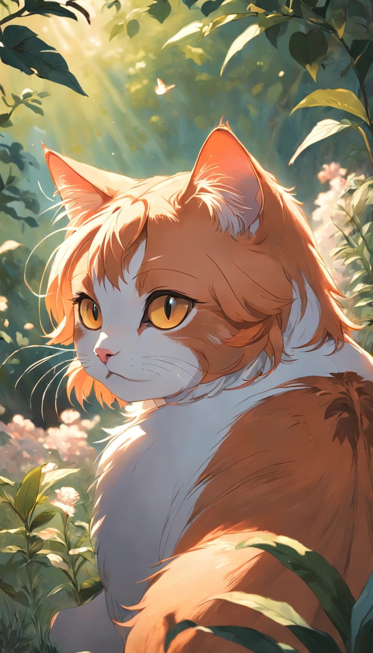 Garden cat,Under the sun,Warm orange hair,Detailed sketch style,Close-up view focused on cat's eye,Mao's eyes are painted with a jewel-like material,Add cat purr,It's a warm and peaceful scene.