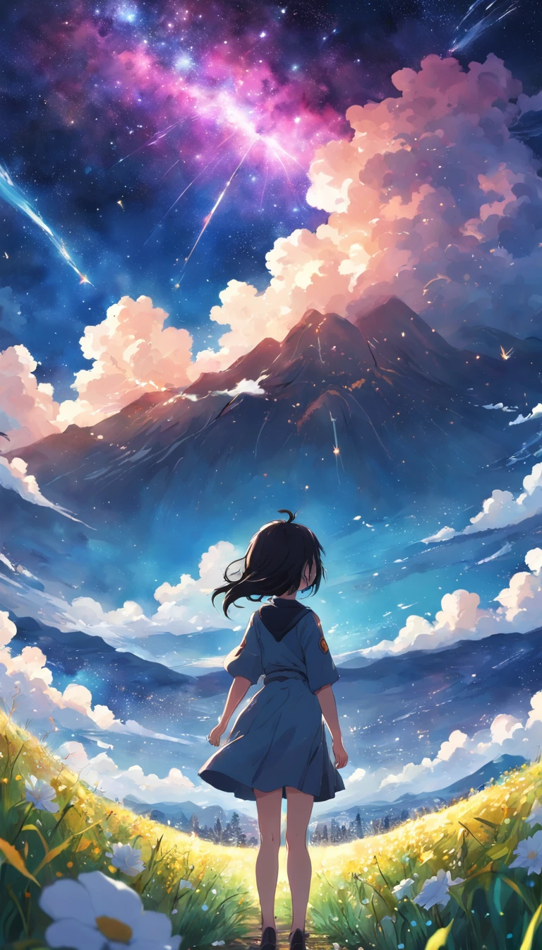 By Shinkai Makoto, Vast landscape photos , (View from below，Displays the sky above and clear below), a girl standing on flower field looking up,  ( meteors:0.9), (Starcloud:1.3), Far Mountain, Tree Break Production Art, (starrysky:1.2), (firefly:1.2), starrysky