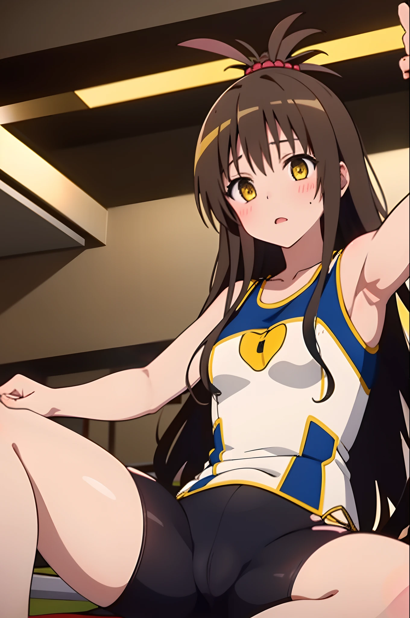 yuuki mikan, brown hair, yellow eyes, hair ornaments, long hair, topknot, wavy hair, reverse bunny suit