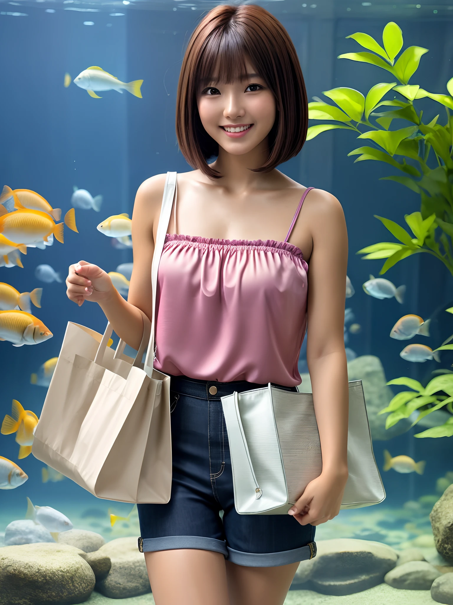 product quality, 1 girl, a cowboy shot, front view, a Japanese young pretty girl, bob hair, carrying a tote bag over her shoulder, glamorous figure, wearing a satin pink camisole, wearing short pants, watching a school of fish in a crowded aquarium with a big smile, hyper cute face, glossy lips, double eyelids for both eyes, natural makeup, shiny smooth light brown bob hair, asymmetrical bangs, tanned skin, central image, high resolution, high detailing, detailed hairstyle, detailed face, cinematic lighting, octane rendering, vibrant, hyper realisitic, perfect limbs, perfect anatomy