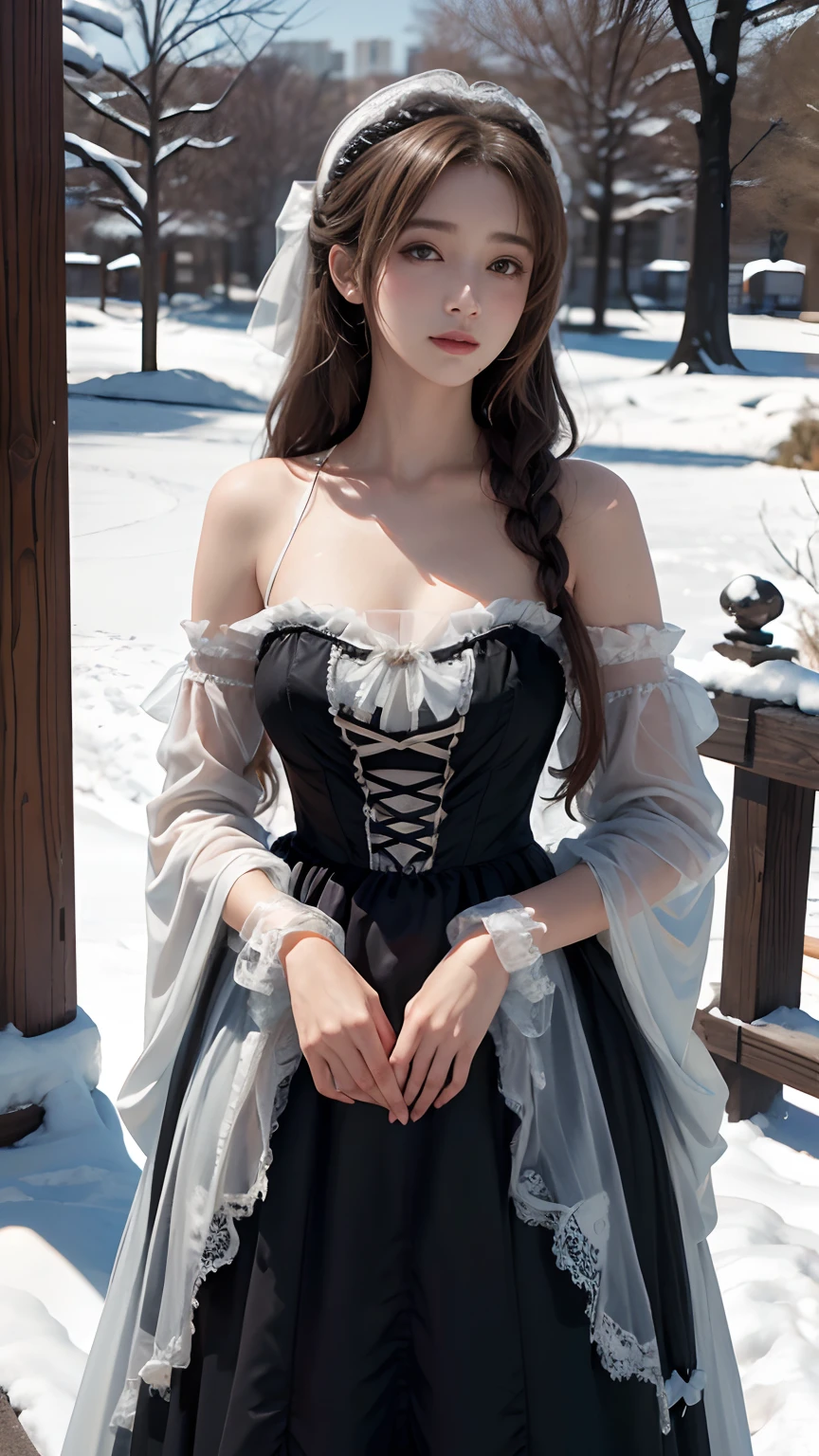 8K, best qualtiy, masterpiece, photograph realistic, Hide your face with happiness, black Lolita costume, Lace, Aerith Gainsborough, whole body, undergarments, exposed bare shoulders, do lado de fora, outside, Covered with snow, cloaks, high high quality, Adobe Lightroom, highdetailskin, looking at viewert,