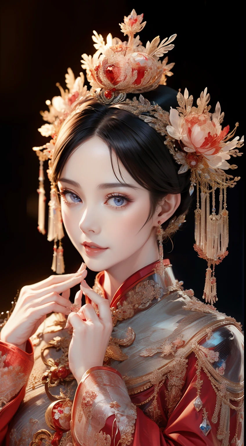 tmasterpiece，Highest high resolution，((tiara crown))，Dynamic bust of beautiful Chinese princess，the bride，Jet black hair is elegantly coiled，（(Wearing a huge red crown))，veils，Purple clear eyes，The hair is covered with beautiful and delicate floral craftsmanship, Crystal jewelry filigree，Ultra-detailed details，upscaled。
