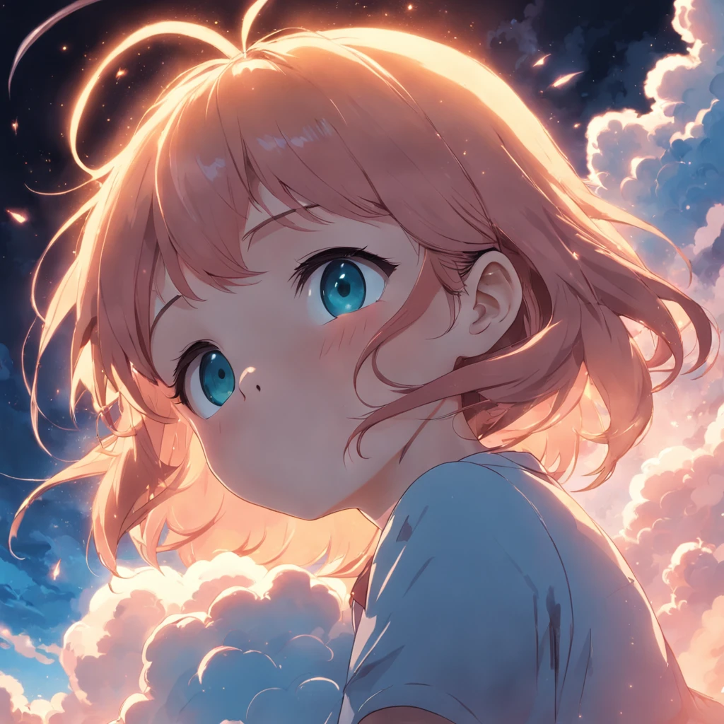masterpiece, best quality, movie still, 1girl, cloud girl, floating in the sky, close-up, bright, happy, warm soft lighting, sunset, (sparks:0.7)