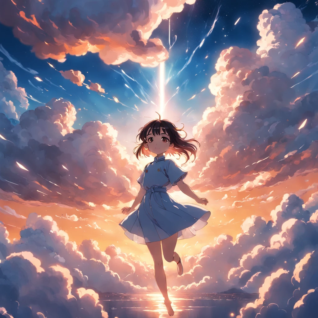 masterpiece, best quality, movie still, 1girl, cloud girl, floating in the sky, close-up, bright, happy, warm soft lighting, sunset, (sparks:0.7)