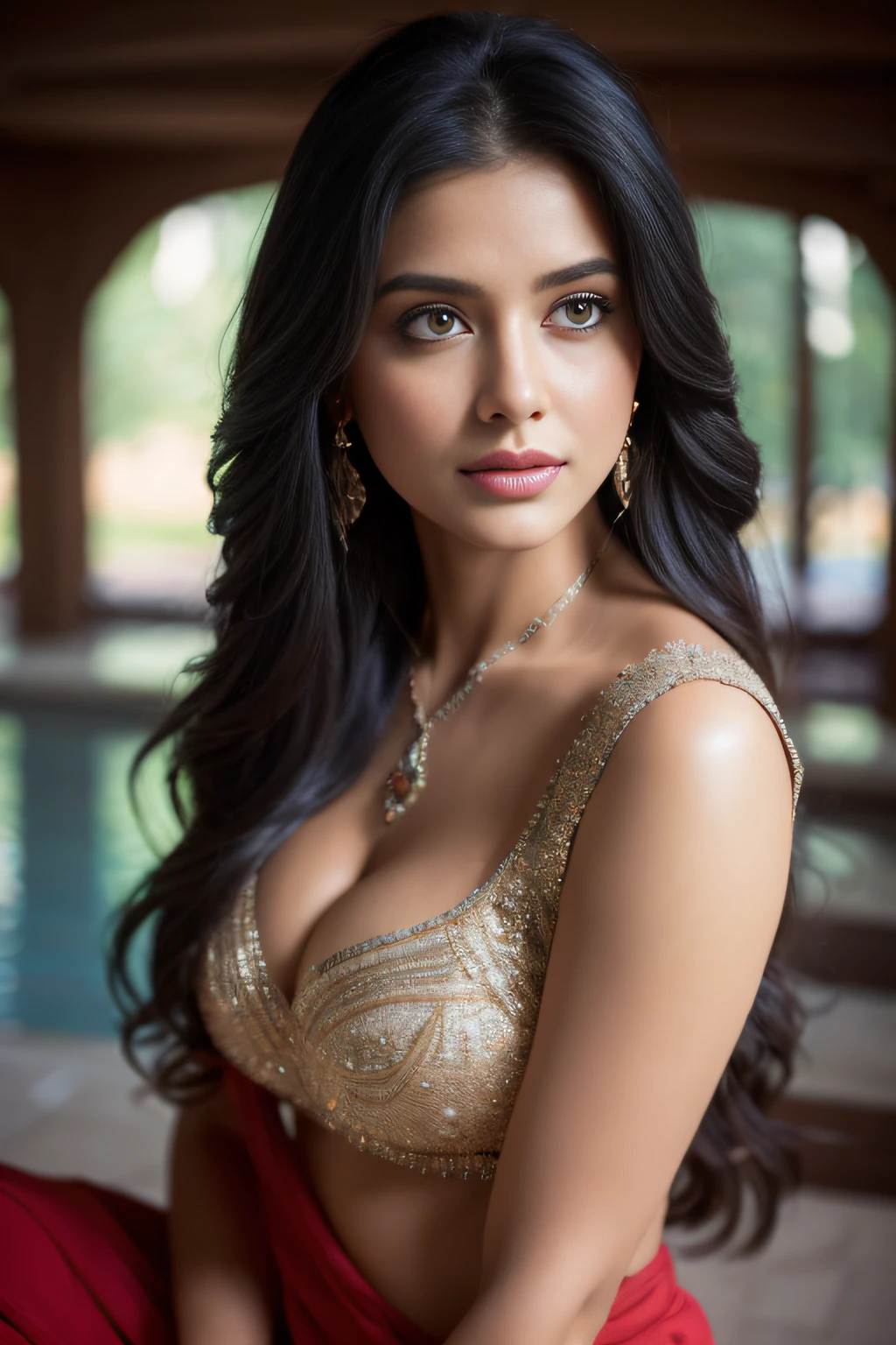 Side Portrait of A topless confident-looking indian woman with long flowing hair, hazel eyes, flowing see through saree, her hair covering her perfect c-cup breasts, sitting in pool, caves background, bokeh, perfect composition, hyperrealistic, super detailed, 8k, high quality, trending art, trending on artstation, sharp focus, studio photo, intricate details, highly detailed, art by greg rutkowski