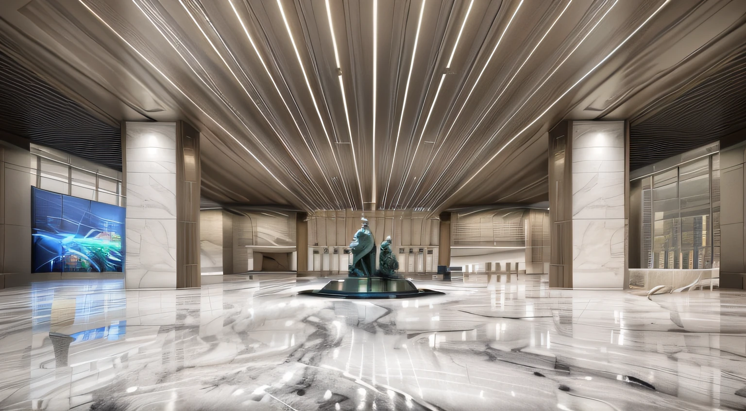 In the building with statues there is a large marble floor, futuristic hall, well lit 3 d render, CG rendering, rendered in enscape, building rendering, RTX rendering, excellent 3d render, architectural 3 d render, exhibition hall lighting, professional 3d render, dramatic lighting render, professional render, a digital rendering, dramatic rendering, high quality rendering
