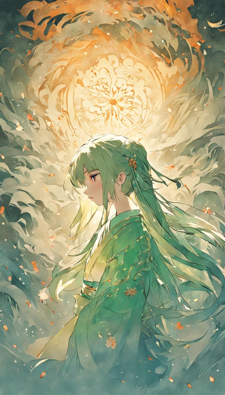 (White background:1.4),(Solon's silhouette, Eyes closed, Long green hair, Oriental elements)，(Chinese illustration:1.3，paper art:1.3, Quilted paper art:1.2),( reasonable design, Clear lines, High sharpness,Best quality, Very detailed, Masterpiece, movie light effect, 4K )