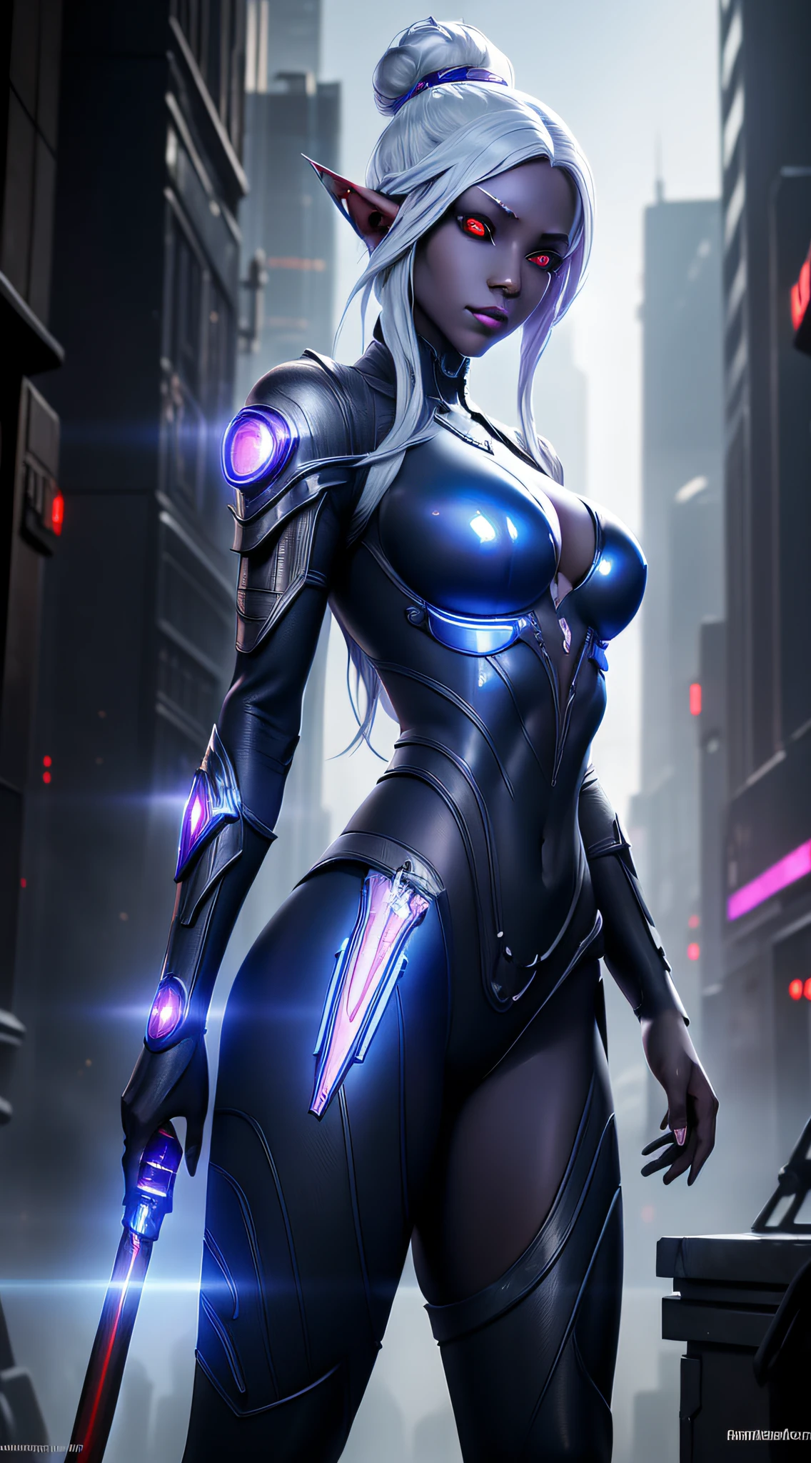 1girl, sexy drow, dark purple-blue skin, pale silver hair bun, ((red eyes)), elf ears, wears ((white sexy cyberpunk sorceress bodysuit)), high heels, wields ((cyberpunk staff)), casts ((light magic)), posing on a busy cyberpunk streer, athletic, volumetric lighting, best quality, masterpiece, realistic, anatomically correct, (strong cinematic lighting), stunning details, intricate details, 8k post-production, High resolution, super details, trending on ArtStation, sharp focus, depth of field f/1.8, studio photos, ((looking at camera))