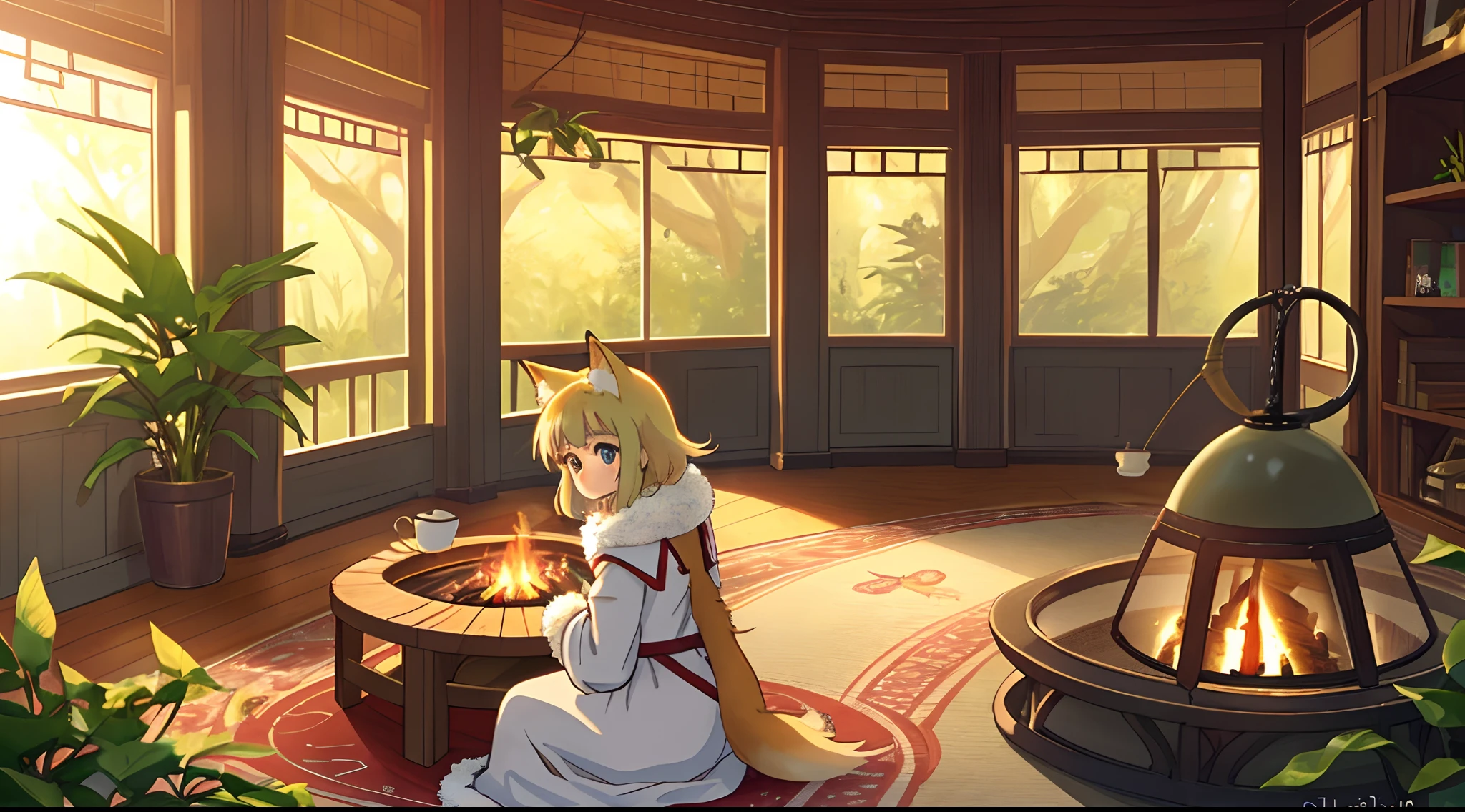 anime character the tiny cute foxgirl , big room, lonely day, treehouse of fantasy, room full with attributes, gibli studio style, intricate golden fur, beautiful and big eyes, warm room with anime character back view, sitting in front of warm firepit, cozy room with fur carpet, tea afternoon, plant on the table, soft light through the windows