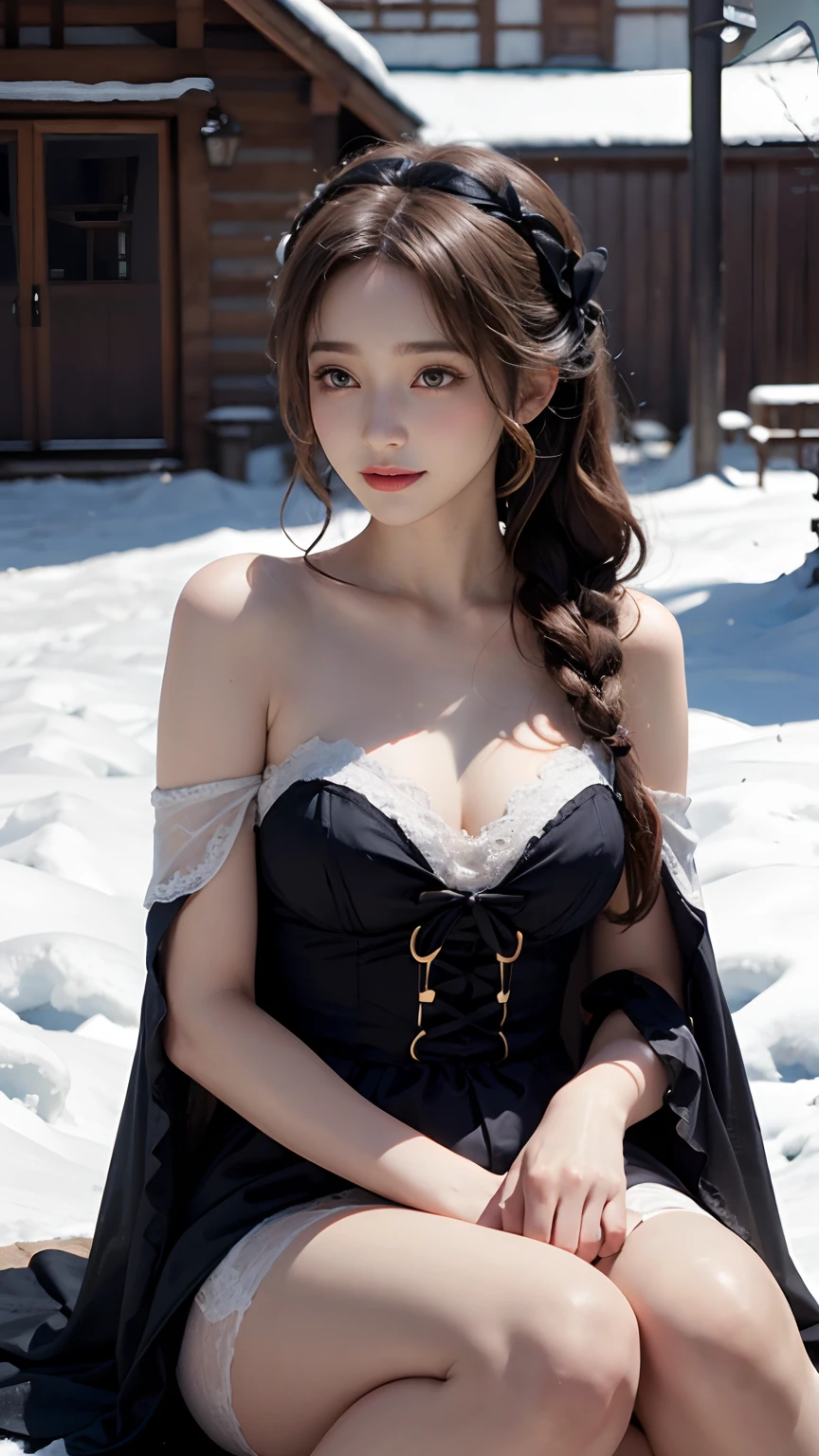 8K, best qualtiy, masterpiece, photograph realistic, Hide your face with happiness, black Lolita costume, Lace, Aerith Gainsborough, sitting, whole body, undergarments, exposed bare shoulders, do lado de fora, outside, Covered with snow, cloaks, high high quality, Adobe Lightroom, highdetailskin, looking at viewert,