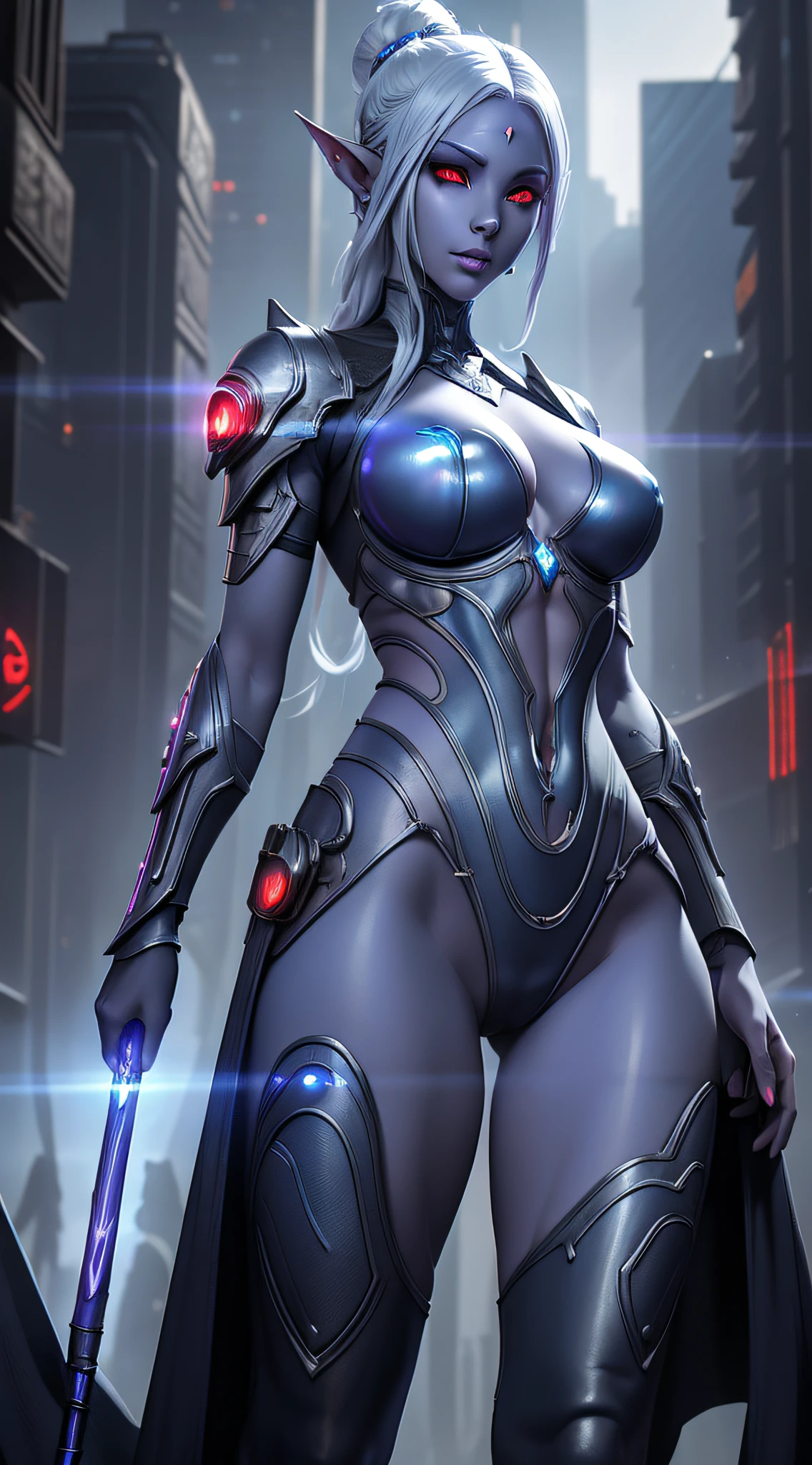 1girl, sexy drow, dark purple-blue skin, pale silver hair bun, ((red eyes)), elf ears, wears ((white sexy cyberpunk sorceress bodysuit)), high heels, wields ((cyberpunk staff)), casts ((light magic)), posing on a busy cyberpunk streer, athletic, volumetric lighting, best quality, masterpiece, realistic, anatomically correct, (strong cinematic lighting), stunning details, intricate details, 8k post-production, High resolution, super details, trending on ArtStation, sharp focus, depth of field f/1.8, studio photos, ((looking at camera))