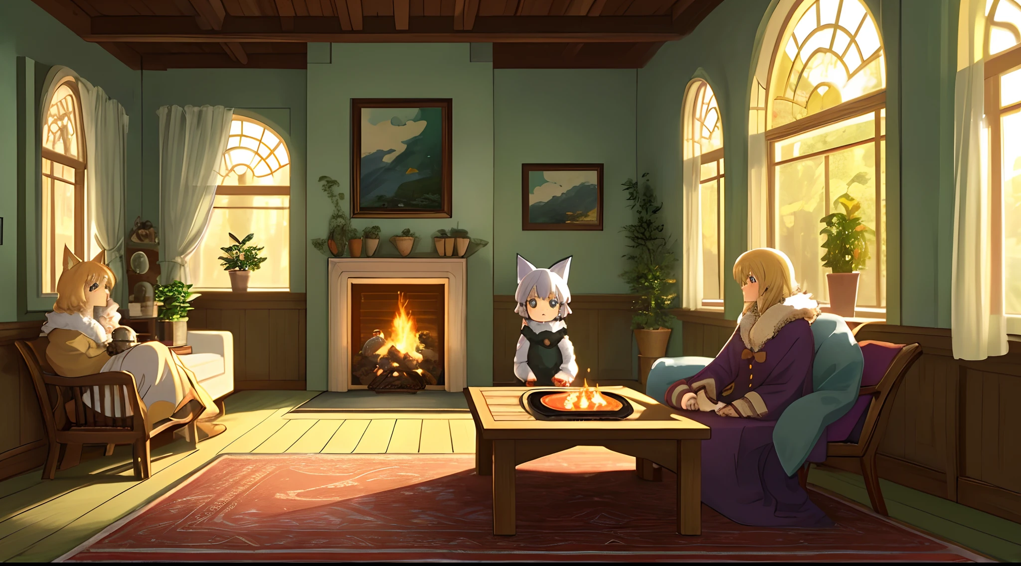 anime character the tiny cute foxgirl , big room, lonely day, treehouse of fantasy, room full with attributes, gibli studio style, intricate golden fur, beautiful and big eyes, warm room with anime character back view, sitting in front of warm firepit, cozy room with fur carpet, tea afternoon, plant on the table, soft light through the windows