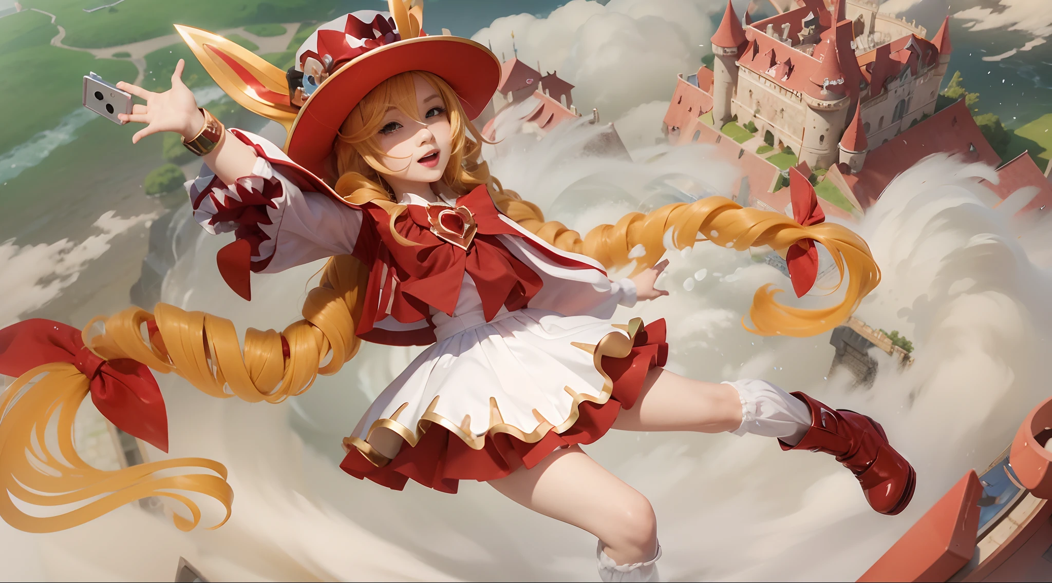 Anime girl flying over the castle in a red hat and white dress, Splash art anime , Lolishatt Krenz Key Art Women, annie from league of legends, Official Splash Art, ahri, small curvaceous loli, Sp Art, character splash art, Official artwork, Fanart, league of legends style art, high detailed official artwork
