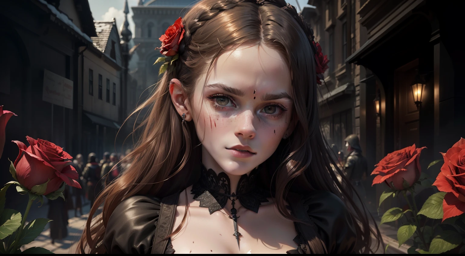 Emma Watson, zombie, corpse, beautiful, blood, bone, knives, holding a long dagger, flowers, love, 1girl,black wedding dress, Red roses in hair, Red roses scattered around, Red nail polish, red bleeding eyes, zombies in background, ultra detailed, official art, masterpiece, (best quality:1.3), reflections, extremely detailed cg unity 8k wallpaper, detailed background, masterpiece, best quality, (masterpiece), (best quality:1.4), (ultra highres:1.2), (hyperrealistic:1.4), (photorealistic:1.2), best quality, high quality, high-res, detail enhancement,