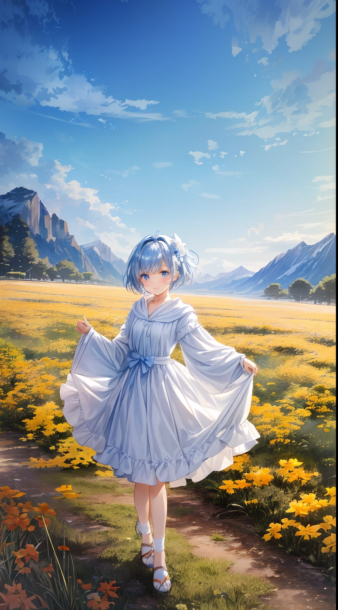 absurderes, hight resolution, (Official art, Beautiful and aesthetic:1.2), best qualtiy、(1womanl:1.8)、(独奏:1.7)、ultra-detailliert,Little Girl,hoods,Blue eyes,White skin,Straight hair,Short hair,kindly smile,Little Girl,Short hair,White skin,Light blue hair,