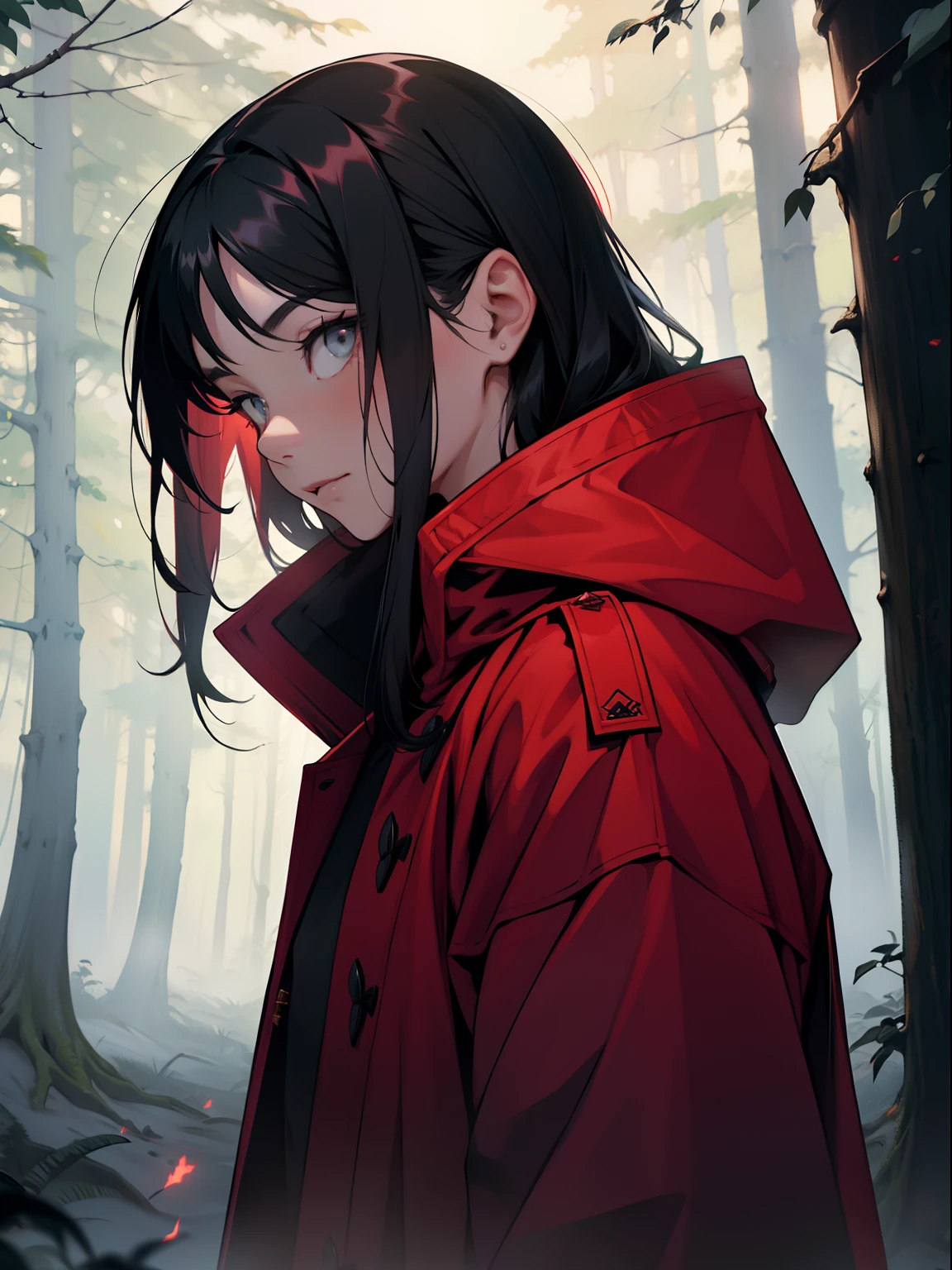 ln the forest,the night,Red coat,Douluo Continent costume,Black color hair,Headshot