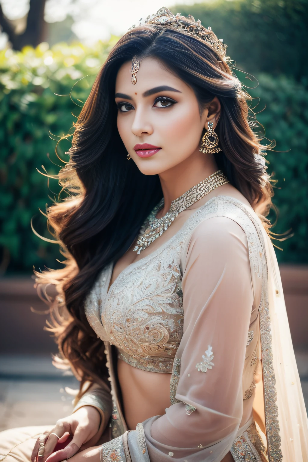 side portrait of A confident-looking indian woman with long flowing hair, hazel eyes, with flowing cape and see through saree, wearing designer jewellery, designer royal gown, a crown on head, visible c-cup breast sitting on royal garden, palace background, bokeh perfect composition, hyperrealistic, super detailed, 8k, high quality, trending art, trending on artstation, sharp focus, photo shoot, intricate details, highly detailed, art by greg rutkowski