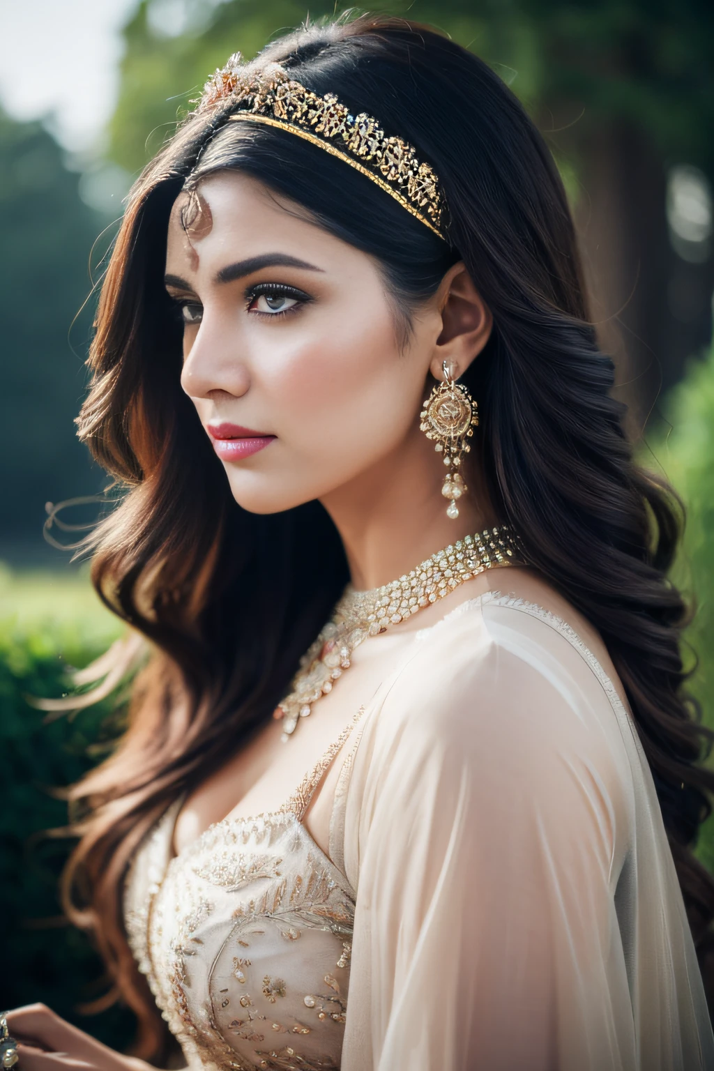 side portrait of A confident-looking indian woman with long flowing hair, hazel eyes, with flowing see through cape and bra, wearing designer jewellery, designer royal gown, a crown on head, visible c-cup breast sitting on royal bed decorated for honeymoon, palace bedrrom background, bokeh perfect composition, hyperrealistic, super detailed, 8k, high quality, trending art, trending on artstation, sharp focus, photo shoot, intricate details, highly detailed, art by greg rutkowski