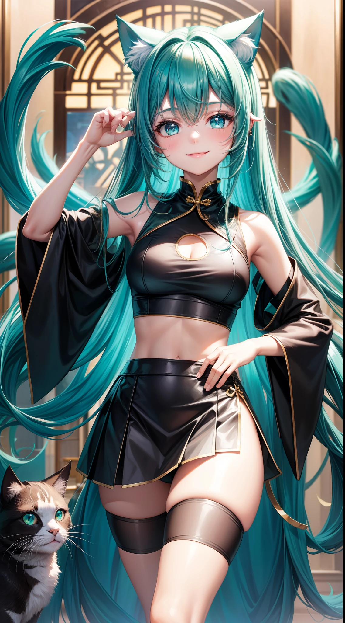 young girl, long turquoise hair, turquoise eyes, cat ears, Smile, black chinese tight top, Upskirt, Masterpiece, hiquality