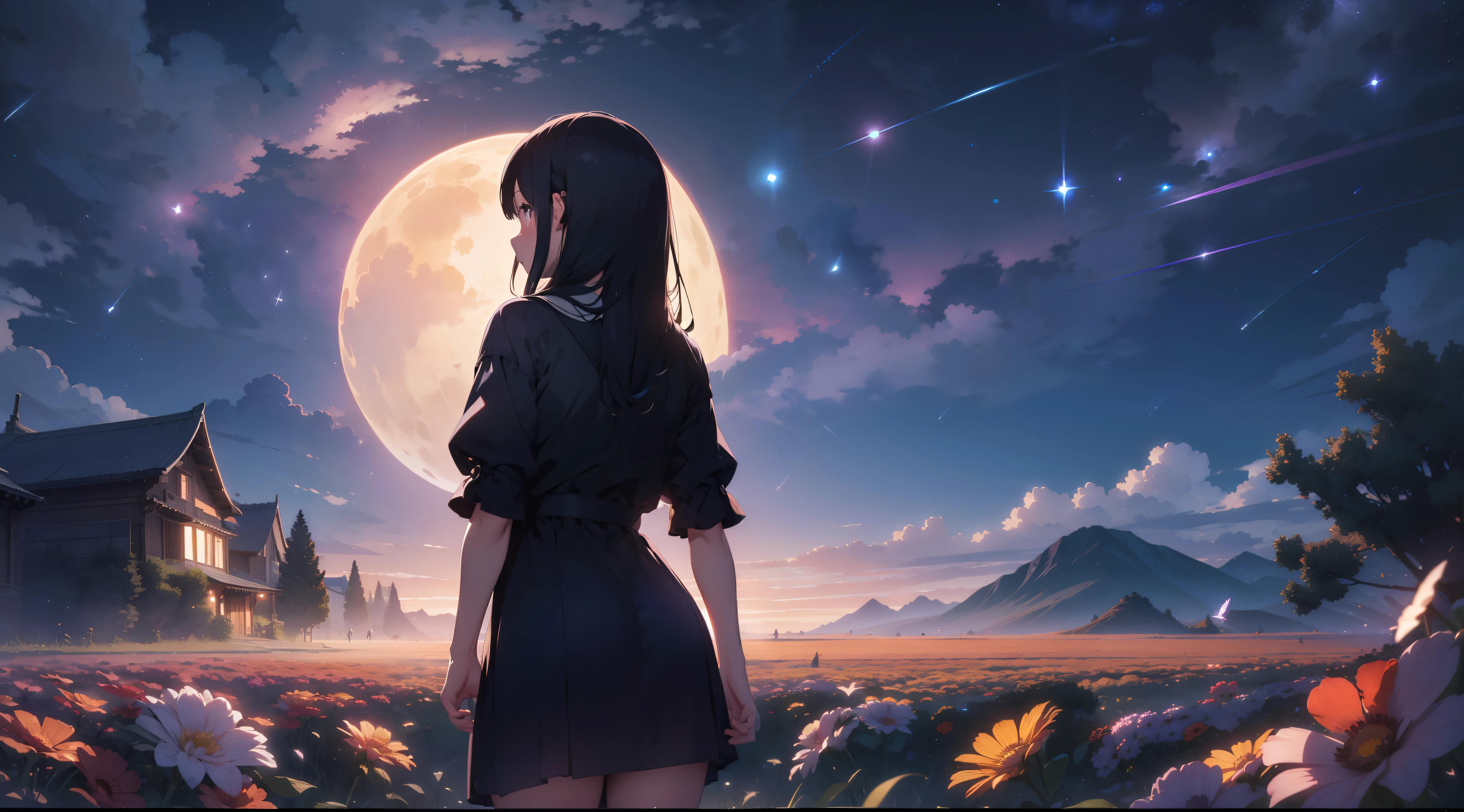 night sky full of stars、fullmoon、Behind a beautiful girl standing in a flower field and looking up、a beauty girl、full body seen、Vast landscape photos、(View from below with a view of the sky and the wilderness below)、(fullmoon:1.2)、(shooting stars:0.9)、(nebulas:1.3)、mountain in the distance、Tree Break Production Art、(fireflys:1.2)、Purple and orange、intricate detailes、Volume Lighting BREAK (masterpiece:1.2)、(top-quality)、4K、ultra-detailliert、(The composition of the movement:1.4)、Highly detailed and colorful details(Irridescent color:1.2)、dream-like、Magical、(独奏:1.2),Month with very detailed details,posterior view、Highly detailed CG Unity 8K wallpapers,no sun