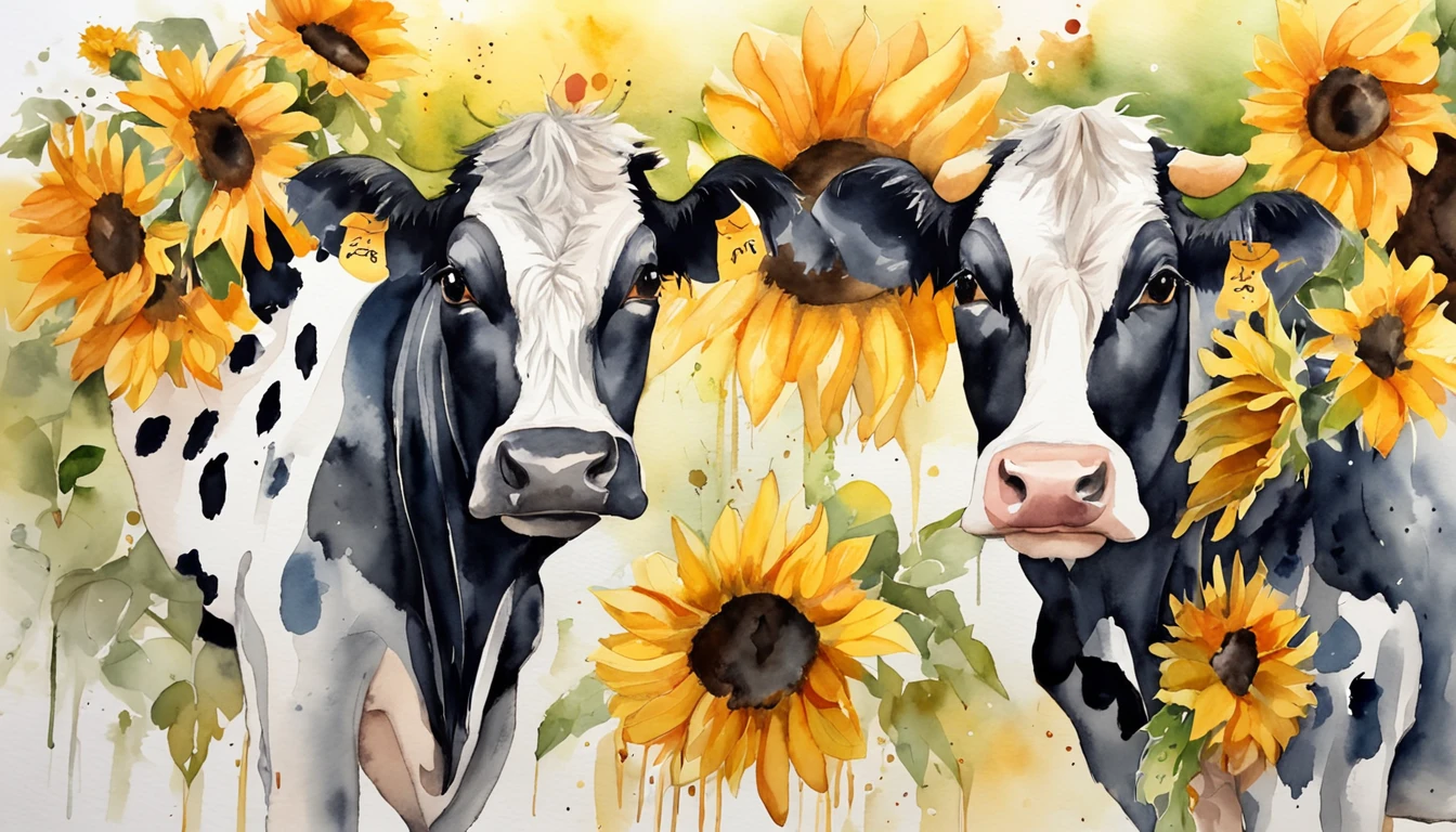 A cute black and white spotted American cow,A garland of sunflowers is worn on the head,Positive perspective,cow head,
