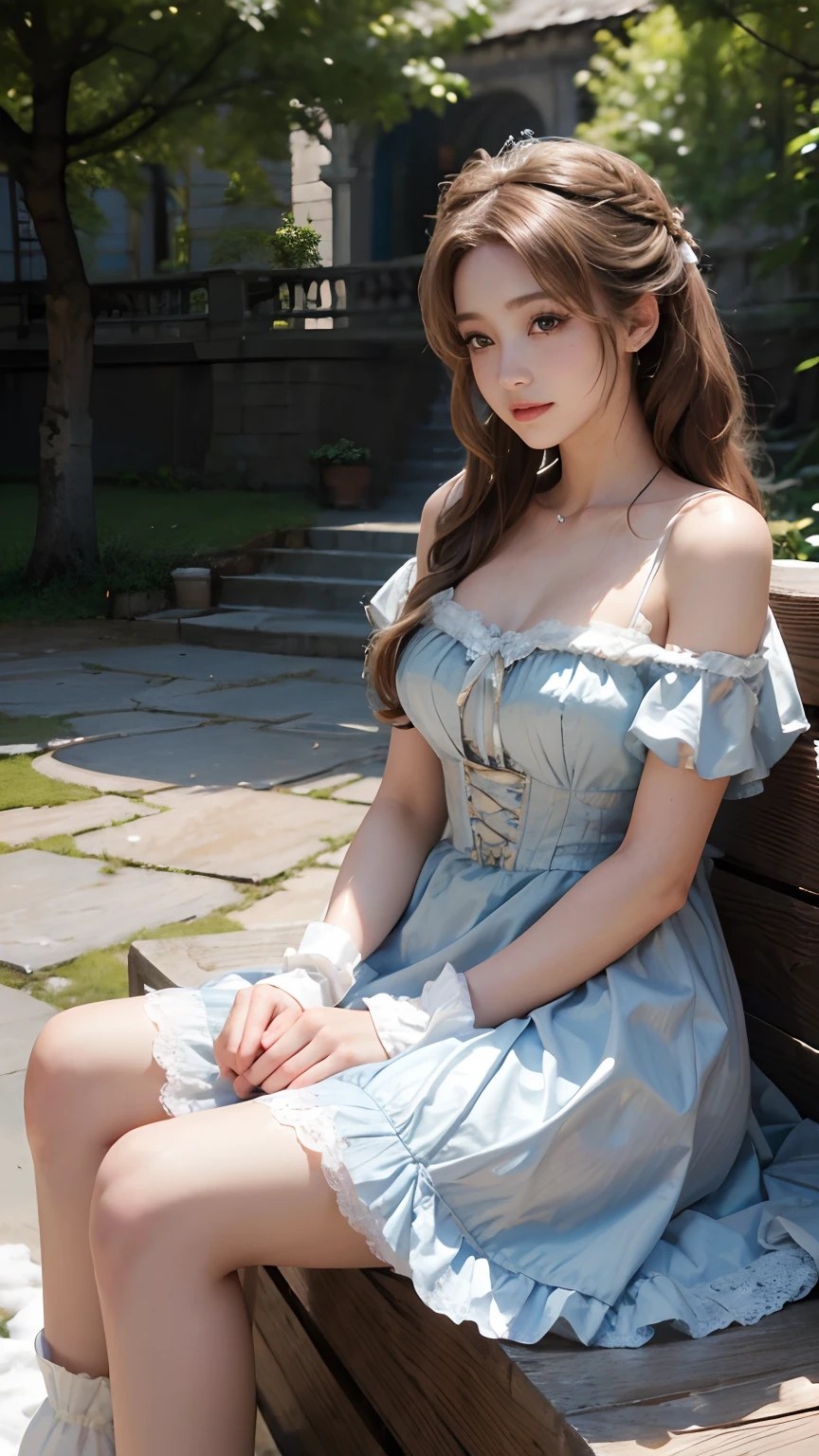 8K, best qualtiy, masterpiece, photograph realistic, Hide your face with happiness, golden Lolita costume, Lace, Aerith Gainsborough, sitting, whole body, undergarments, exposed bare shoulders, do lado de fora, outside, Covered with snow, cloaks, high high quality, Adobe Lightroom, highdetailskin, looking at viewert,