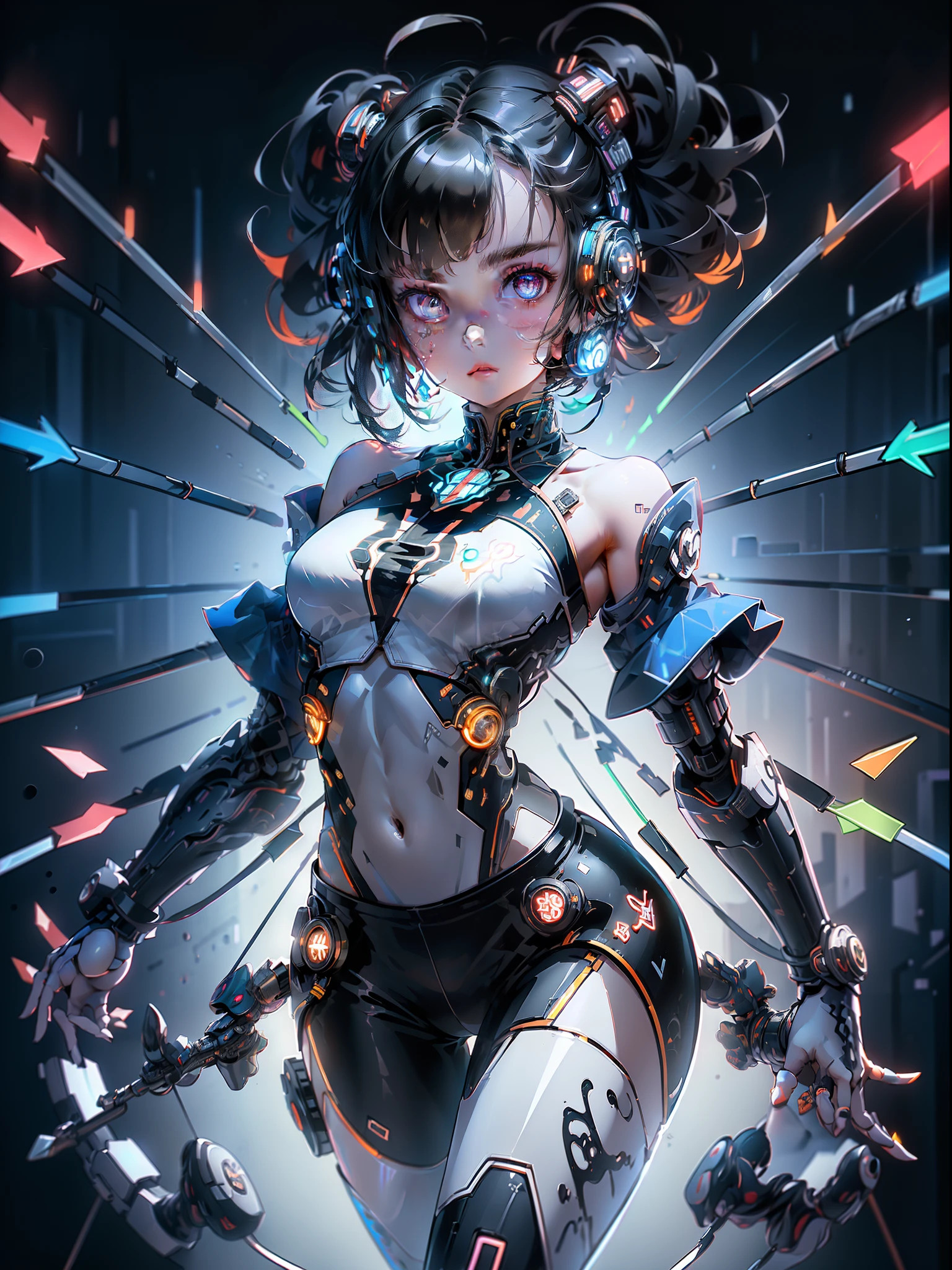 (female Protogen),cyberpunk,mechanical,glowing eyes,metallic surface,digital display,advanced technology,futuristic,neon lights,electromagnetic field,sharp edges,streamlined design,digital organism,biomechanical,mysterious atmosphere,glass visor,enhanced senses,energetic pose,invisible circuits,holographic projections,colorful wires,female cyborg