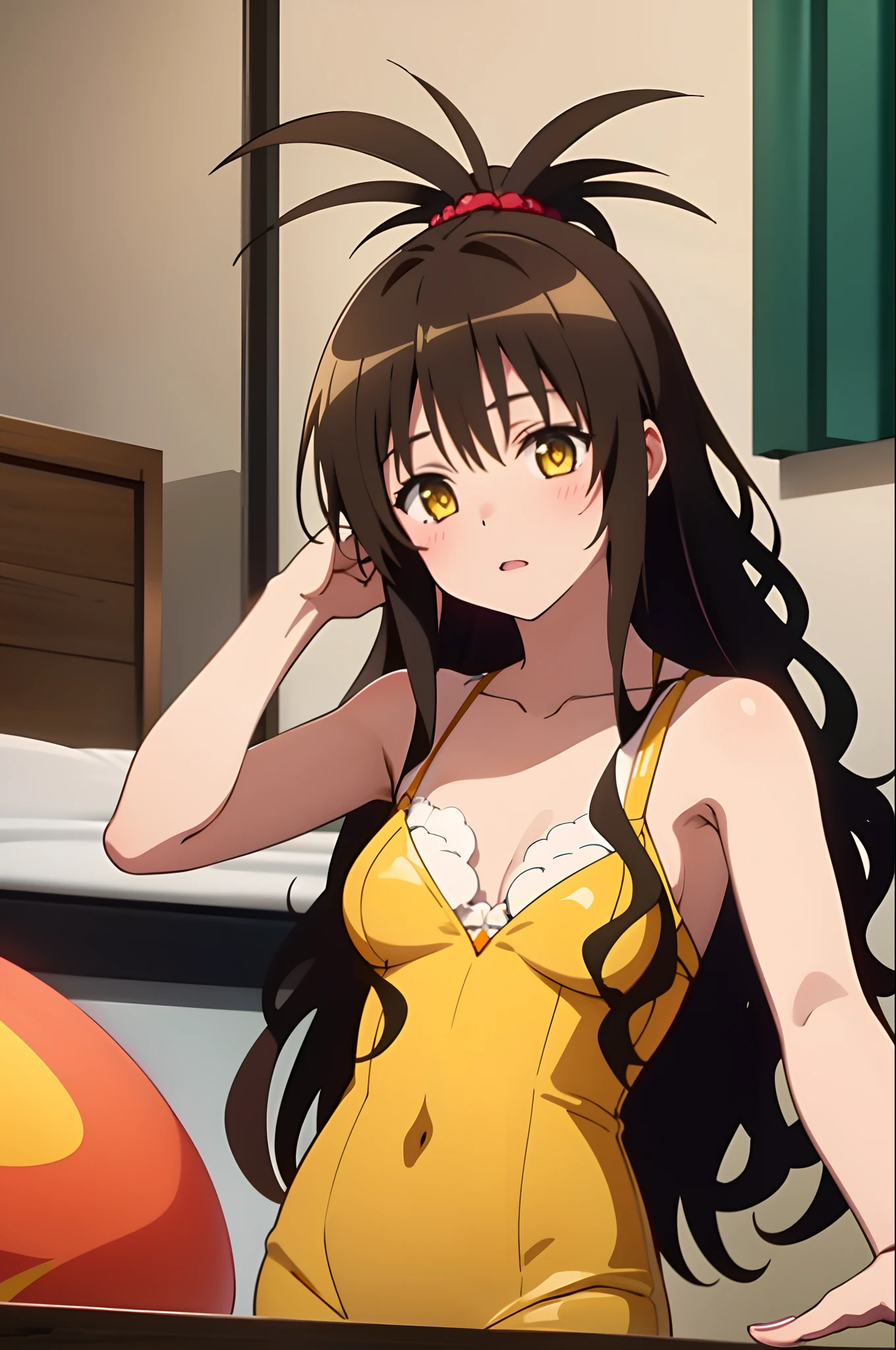 yuuki mikan, brown hair, yellow eyes, hair ornaments, long hair, topknot, wavy hair, reverse bunny suit