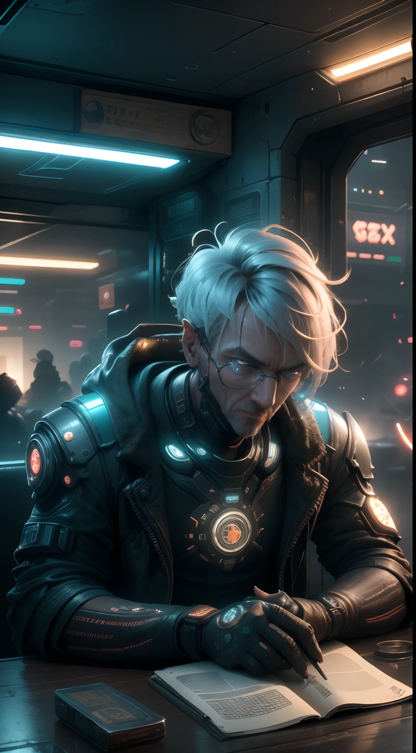 A close-up of short hair, Emaciated sick writer (Man) sits at a table, Watch and tip on laptop, Illuminated by vivid cyberpunk lights . In the background as a mall window，See the futuristic city in an old rusty dusty kitchen with a cyberpunk feel. There were pill bottles and ashtrays on the table. Realistic wide-angle lens.