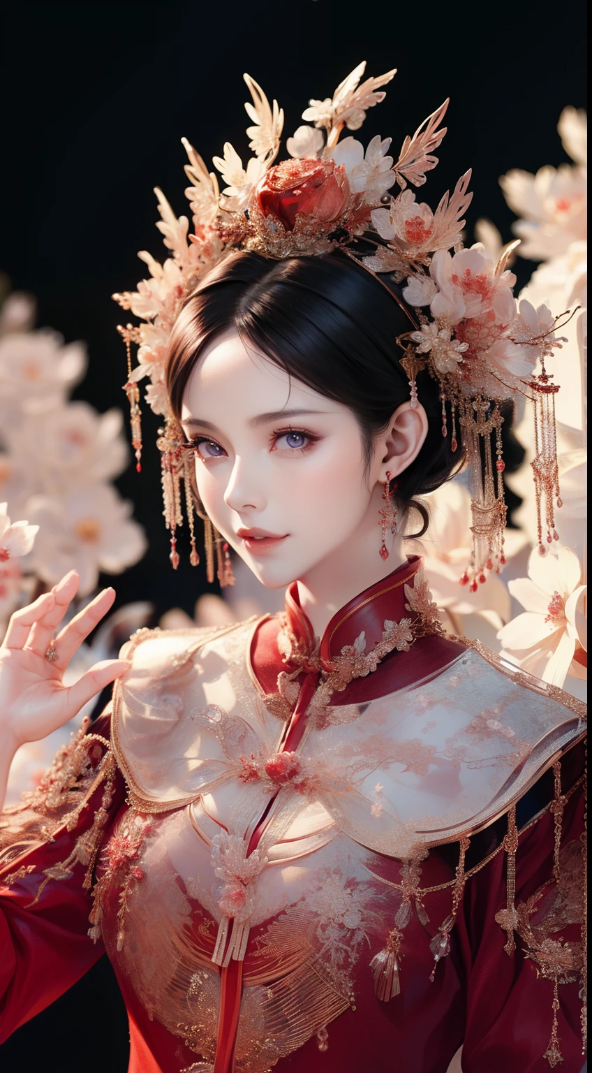 tmasterpiece，Highest high resolution，((Sedan))，Dynamic bust of beautiful Chinese princess，the bride，Jet black hair is elegantly coiled，（(Wearing a huge red crown))，veils，Purple clear eyes，The hair is covered with beautiful and delicate floral craftsmanship, Crystal jewelry filigree，Ultra-detailed details，upscaled。