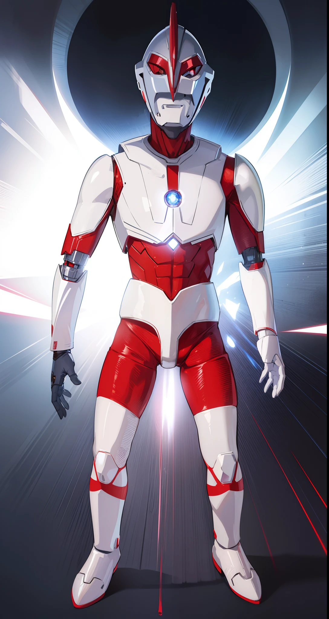 High quality, Silver and red body, Shiny body, Wrinkled face, White Crystal Eyes, Blue crystal on chest,Ultraman、Hero Suit、Head is a headgear、