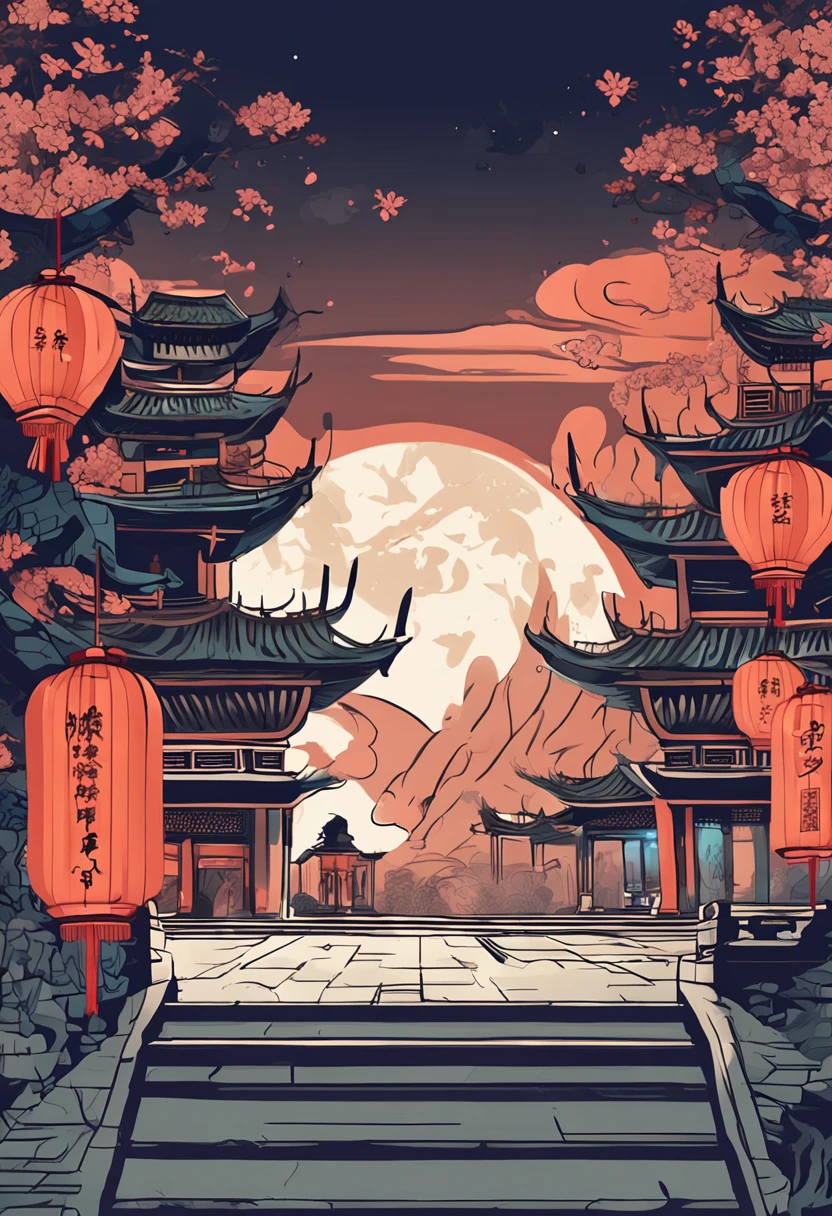 the night ,themoon ,game scenes,Ancient Chinese palaces are located above the clouds,surrounded by cloud,Homem-Imponente,glazed tiles,BUDDHA STATUE,Lanterns,gorgeous color,In the foreground are long stone steps and arches((Color ink)),( (Splash ink ) ), ((Splash ink) ink})), tmasterpiece,high qulity,Beautiful graphics,high detal