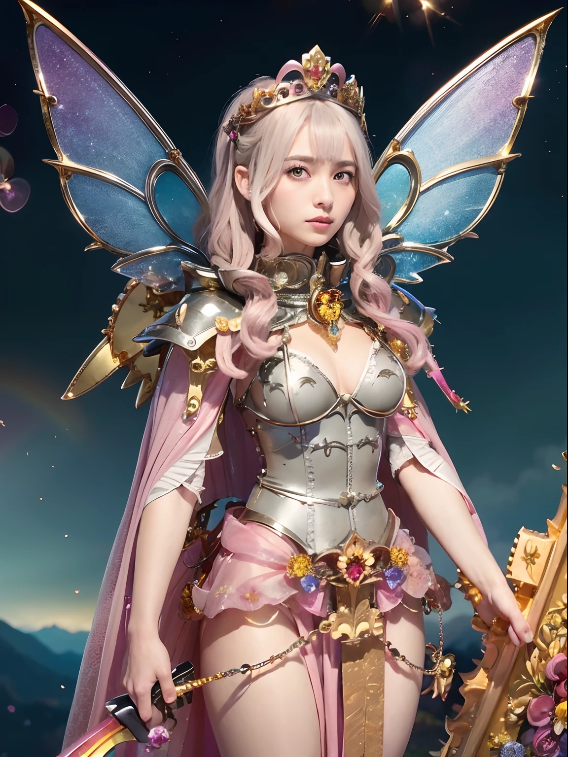 (masutepiece), Professional , masterpiece、top-quality、photos realistic , depth of fields (Gemstone Flower Metal Body:1.4),(Matte Silver Pink、Jewel Gold Weapon、(Gorgeous castle background)、(ultimate beauty girl)、(Flower rainbow fairy wings grow)、(Jewel Flower Metal Body:1.9),Gorgeous Jewel Metal Weapons , Detailed Sword of the Brave ,( a blond) ,warhammer 40k ,((Floral Micro Bikini))、Particles of light、(Beautiful flower garden background)、 adepta sororitas,Detail and ornate jewel crown、独奏、Brown hair、(Gangle's forest background)、Beautiful Caucasian beauty、1a person、dynamic ungle,(((Diamond tiara with detail and luxury)))、a small face、Powerful poses、(Gorgeous castle background)、huge filesize、20 year old beautiful woman、Thin female fingers、Straight long hair、Beautiful Caucasian beauty、Valley、Fairy of Light、Particles of light、