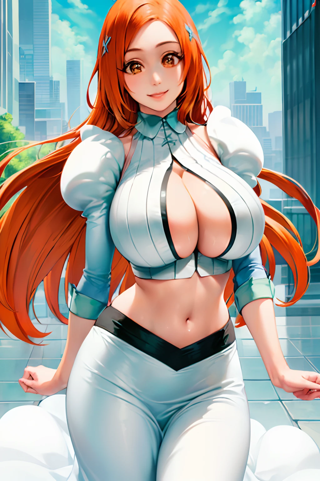 Nsfw, masterpiece*portrait, realistic, 1girl, ((Orihimesomakjskirt, orange hair, navel, cleavage, midriff, crop top, clothing cutout, cleavage cutout,white long skirt,puffy sleeves)),smile,close up,outdoor,((city street)), Big breasts, overexposed breasts