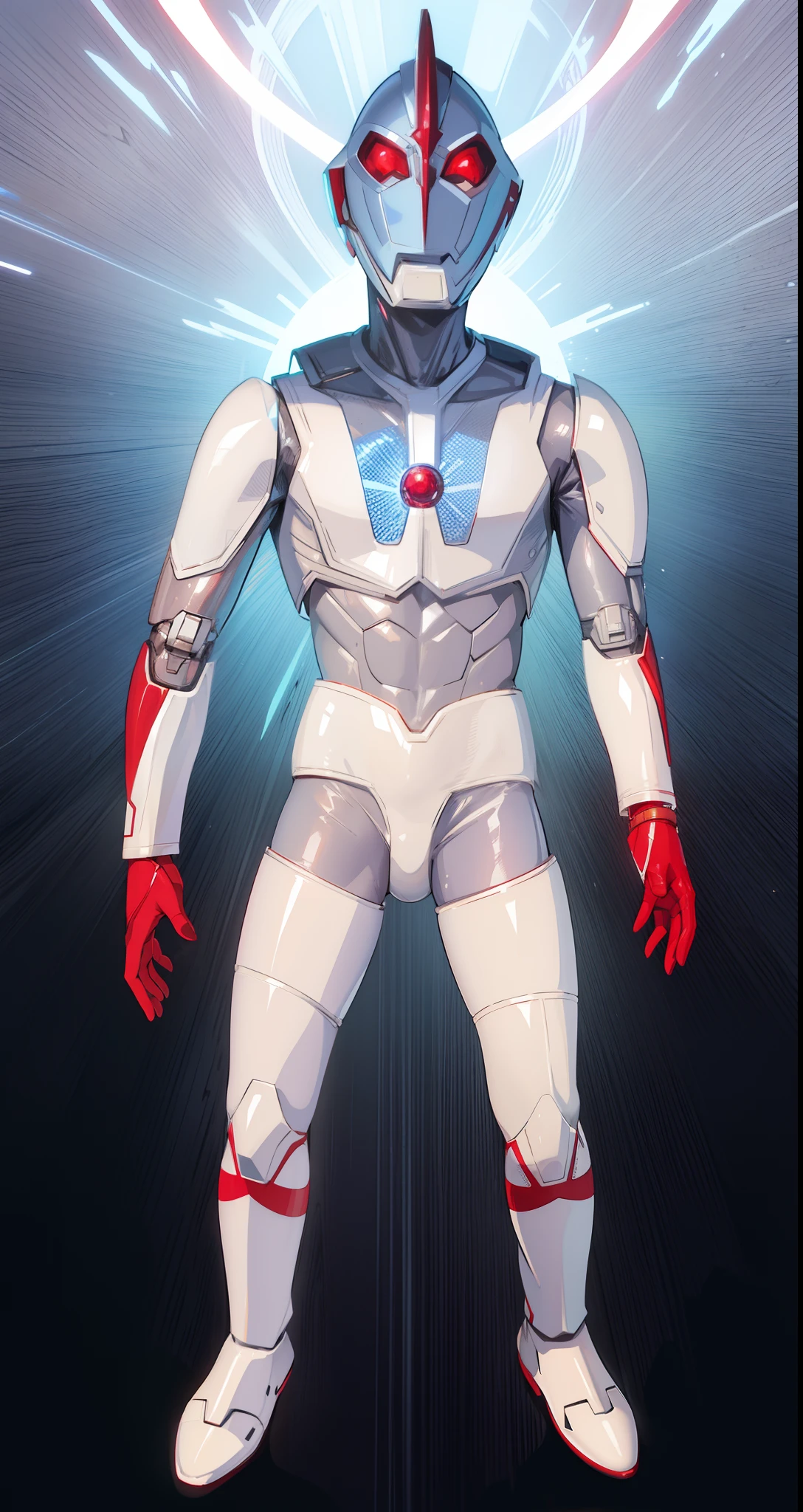 High quality, Silver and red body, Shiny body, Wrinkled face, White Crystal Eyes, Blue crystal on chest,Ultraman、Hero Suit、Head is a headgear、