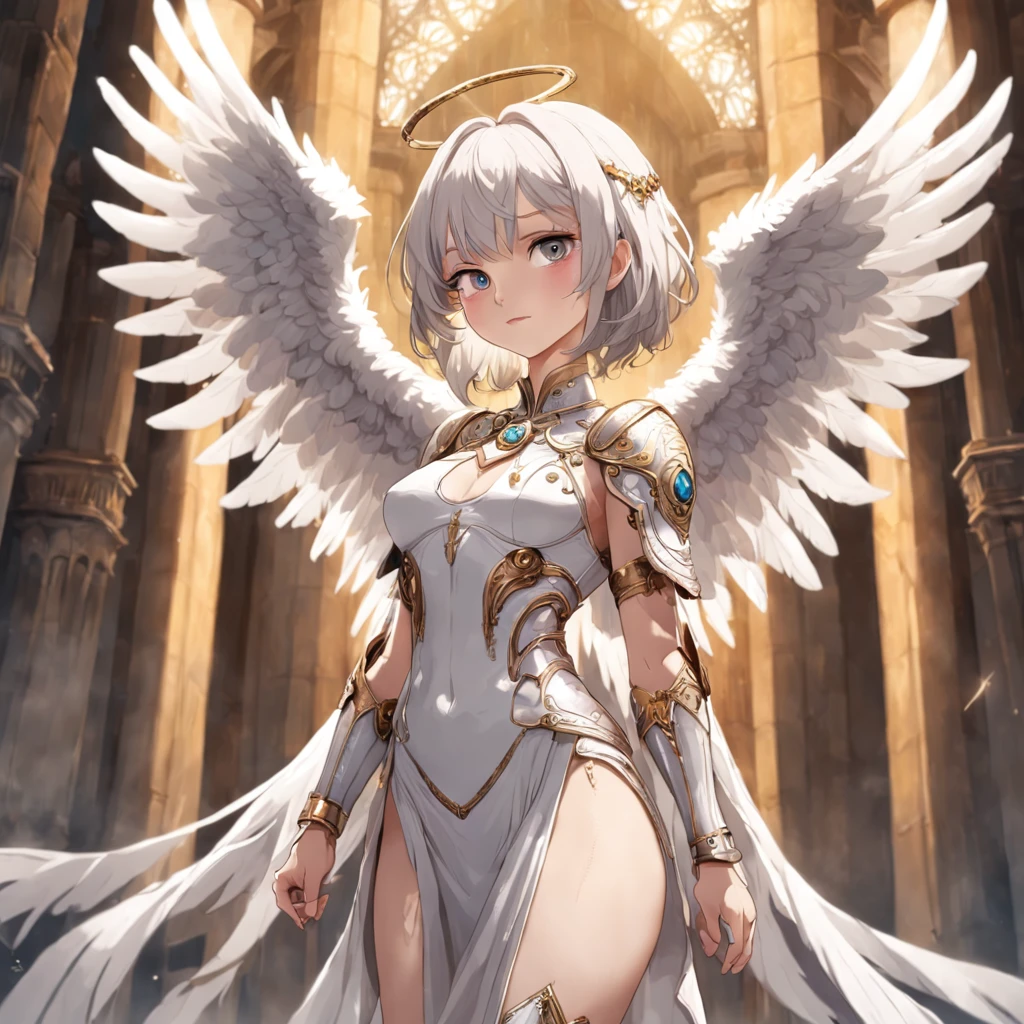 (Numerous award-winning masterpieces of, With incredible details, textures and maximum detail), (full-body standing image:1.8), (up of the upper body:0.3), (Ultra photo realsisim:1.4), (Realistic:1.3), (best quality real texture skin), (Fine true circle Symmetrical eyes), (Beautifully drawn beautiful face), (An angelic ring of divine brilliance on the head:1.8), ((medieval world)), (The Lord's Black Angel or the Lord's Day Angel:1.6), (full-body standing image:1.8), (Beautiful kind eyes), (She had a happy smile on her face), (Colorful eyes are full of sympathy), (full-body standing image:1.8), Shining majestic cloud masses and sky, (halo optical phenomenon:1.3), (Angels dancing in the background), (Dramaticlight), (A majestic sight), (Her expression was serene and full of tenderness,Tremendously beautiful), ((large wings,There are pure white feathers behind the shoulders)), (((Folded wings))), Glass earrings on the ears, (((Dramatic photo))), (Twilight), (Sunset), (Dusk), (Divine pose), (Golden hair), (Silver hair), (maroon hair), short detailed hair, ((head looking up)), ((Looking down)), ((gives full-body standing image)), (Around her neck is a simple necklace of exquisite workmanship), Old ruins infested with plants, great temple, great cathedral, Temple ruins, detached temple, (Luminous magic circle), Ancient Castle Site, Deserted ruins, crumbling ruins, Ancient ruins with clear water, holy rays, epic realistic, ((com cores neutras)), (hdr:1.5), (pastel colour:1.2), ultra - detailed, Cinematic, warm lights, Dramaticlight, (Intricate details:1.1), the complex background,