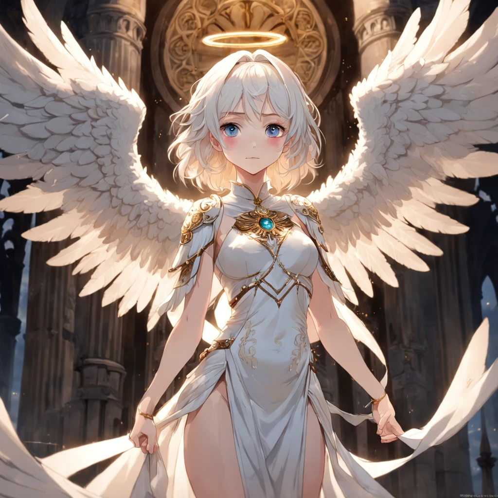 flat chests, nsfw, masterpiece, 1 girl, erect nipples, intricately detailed, topless, navel, bare shoulders, necklace, blonde, long hair, white skirt, angel wings, flying, extremely detailed, photorealistic, octane render, 8 k, unreal engine, bare breasts, puffy nipples, blue eyes, extending hand, sky, fantasy, enchanted, angel, bare stomach, sweaty, child, small breasts, flat chest, arm strap, full body, halo, wings, feathers, light, smiling, outdoors, bangs between eyes, hair ornament, white sarong, gold thigh strap