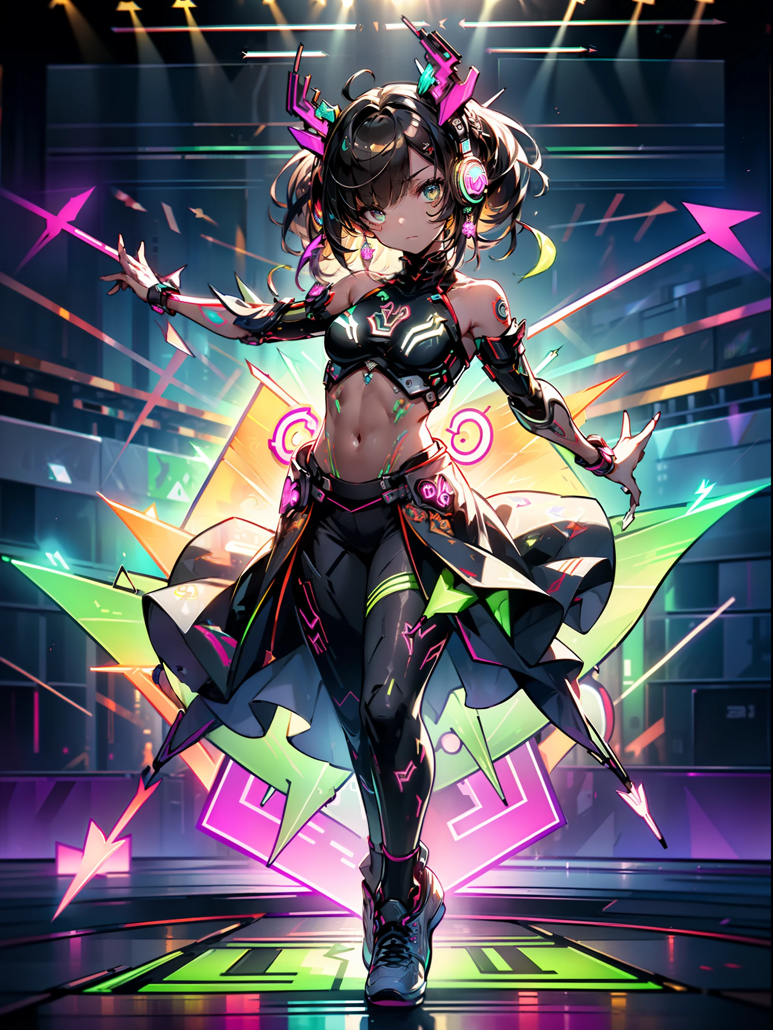 (8K, Best Quality: 1.4, masutepiece: 1.4, Ultra HD, Top resolution, Very detailed), Professional Lighting, Gray Light Lighting, (Single Girl: 1.4), dance, Artistic jumps, break dance, intense action, Dynamism, ((Multicolored lights illuminate her)), (A series of colorful arrows and symbols projected on the screen:1.6),  (Many speakers piled on the wall: 2),Cyberpunk, colourful clothes、quirky、Lively exterior、Playful accessories、Creative behavior、Imaginative,voluntary、DJ Headphones, (Fluorescent Dance Floor:1.5), Solo, Fluttering hair, Beautiful woman, a small face, Abs, (asymmetrical bangs, brunette, Upper hair in one eye, Long messy hair), (line up) Cargo pants, Sports Bra, White sneakers), (Thin fingers and thin fingers, Detailed body, detailed arms, Human Hands), (Detailed face), Bottom from low angle, Hot Venue