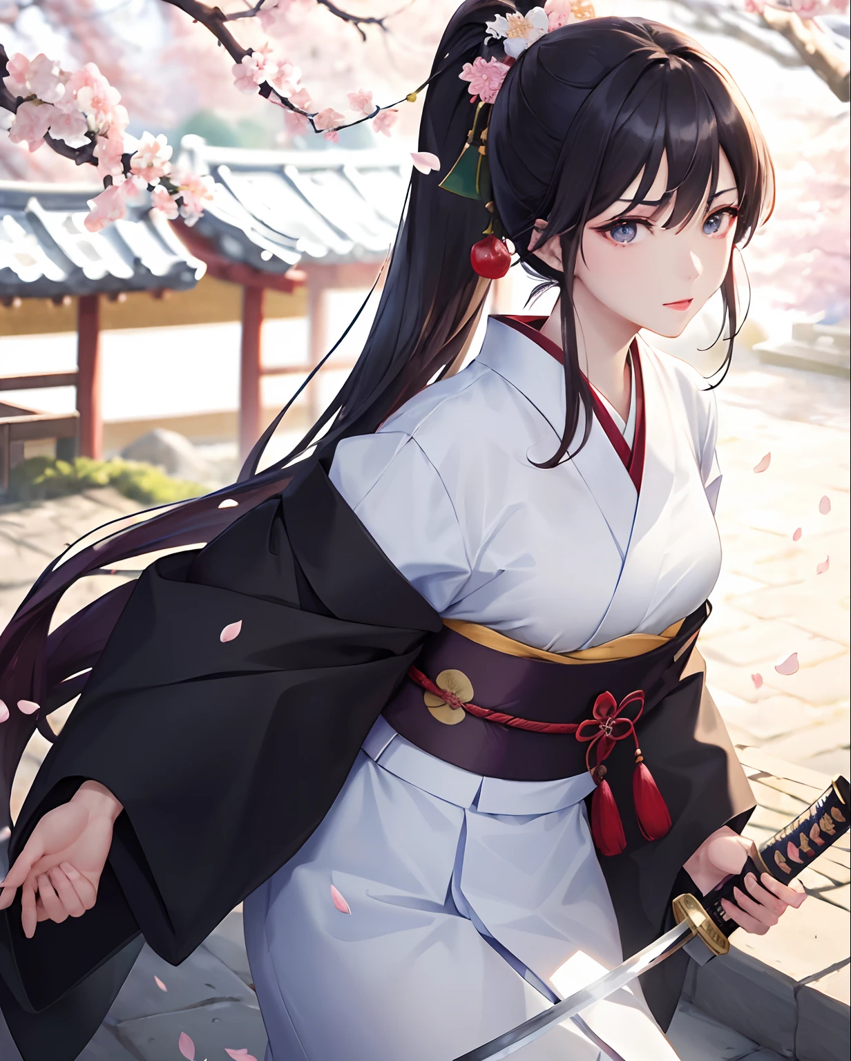 (masterpiece:1.5), illustratio, 4K, 8K, (high-level image quality:1.1), high-detail, 详细的脸, nffsw, vivd colour, natural soft light, cosplay foto, japanese live action movie,Pretty eyes, finely eye, Black eyes, beautiful countenance, 1girl in, length hair, A dark-haired, High Ponytail, ((having katana))、Woman in kimono, Japanese Katana Sword、action、serious facial expression、Japanese garden、springtime、cherry trees、((Cherry blossom petals)),