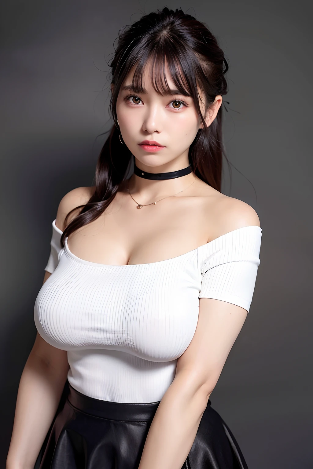 best quality, ultra high res, (photorealistic:1.4), 1girl, off-shoulder white shirt, black tight skirt, black choker, (faded ash gray hair:1), (huge breasts:1.2), looking at viewer, closeup ,