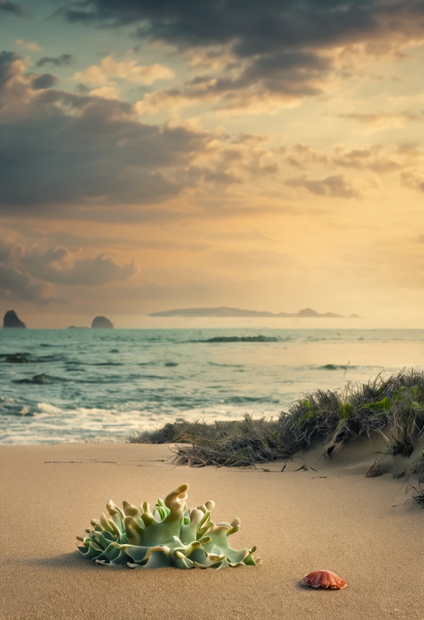 A nice seaside scene,sandbeach,spray,Small crabs,sea shell,marine animal,Greenery by the sea,Contre-Jour,High-definition photography,large scene,Panorama Figures