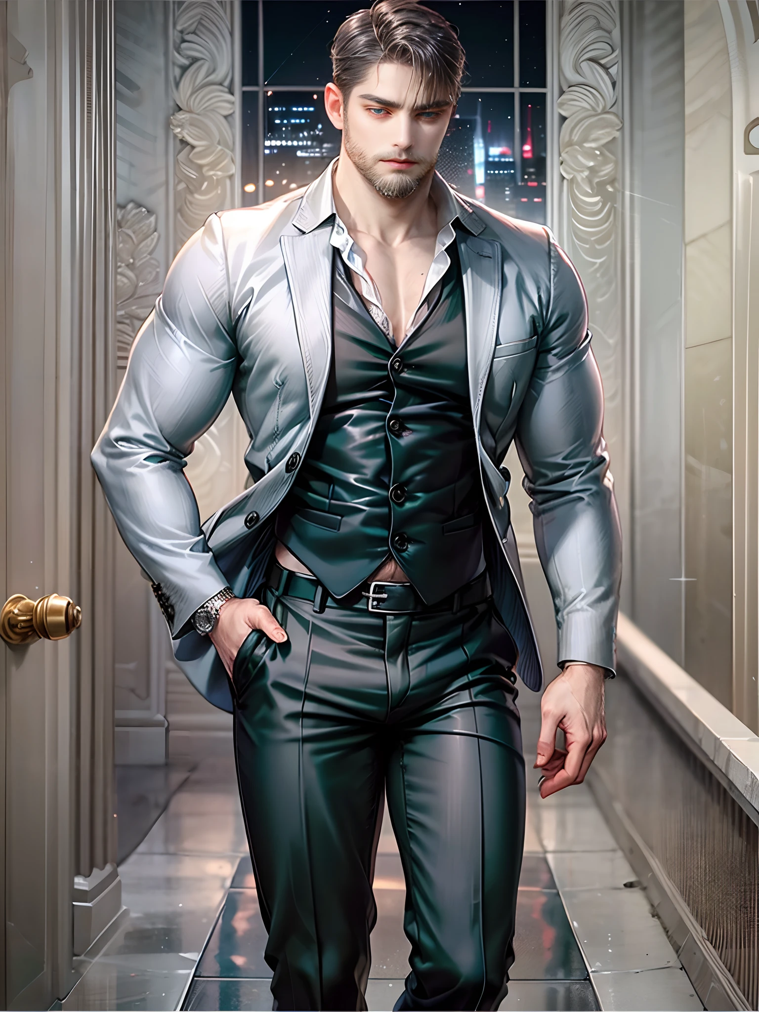 Men Model 1 Beard, short gray hair, Fierce face...., Light gray wall background, The smell of roses, Green and blue eyes, To give, muscular. open legs, black pants. Suit shirt. viewer look. Look at the face.. Night Time. studio light
