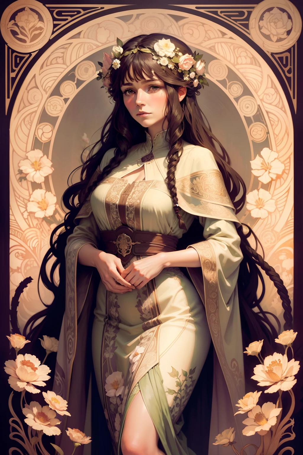 Mucha,with long coiled hair,Surrounded by flowers,solid color backdrop ,full bodyesbian,woman,Vintage robes,face expressionless,planar,