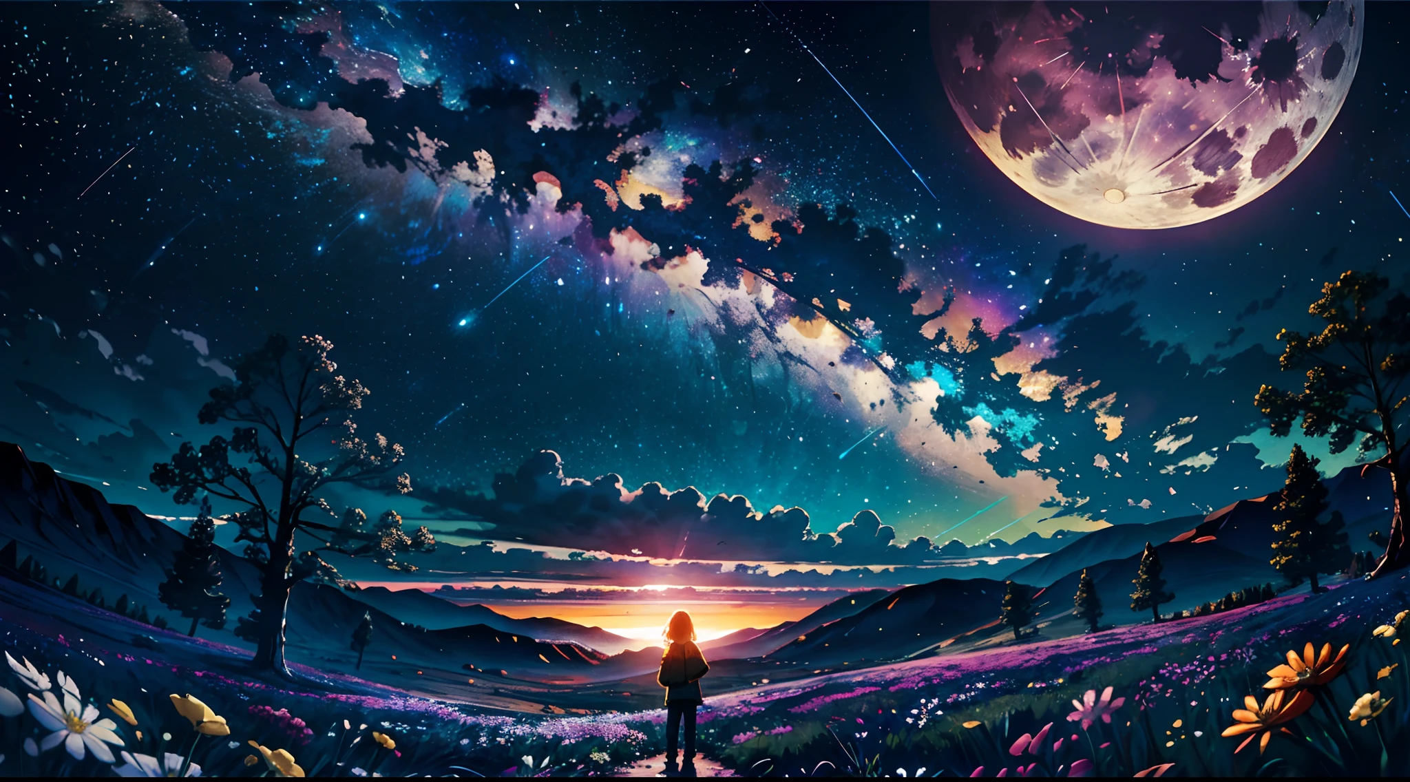 Expansive landscape photograph, (view from below with a view of the sky and the wilderness below), little girl standing in a flower field looking up, (full moon: 1.2), (shooting star: 0.9), (nebula: 1.3), distant mountain, tree break production art, (warm light source: 1.2), (firefly: 1.2), lamp, purple and orange, intricate detail, volume lighting BREAK (masterpiece: 1.2), (highest quality ), 4k, ultra-detailed, (dynamic configuration: 1.4), highly detailed and colorful details (iridescent: 1.2), (sparkling lighting, atmospheric lighting), dreamy, magical, (solo: 1.2)