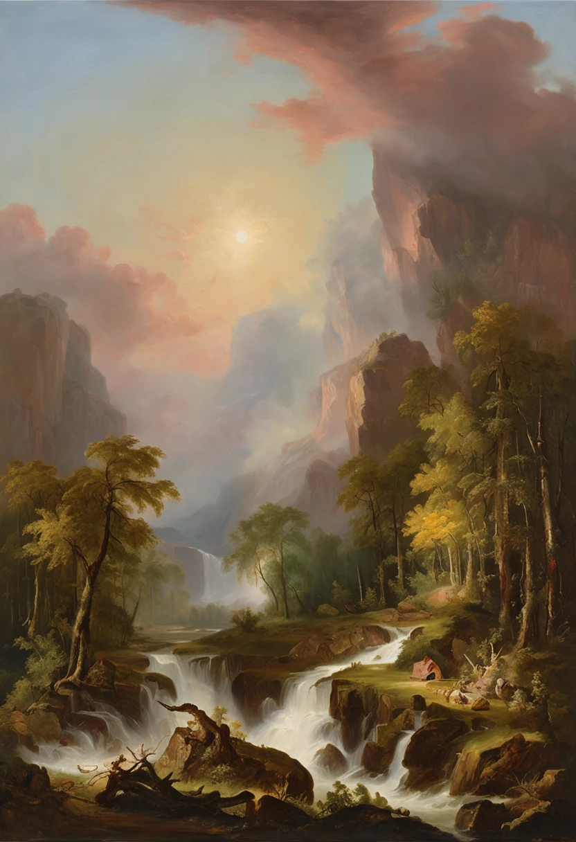 Thomas Cole was a 19th-century American landscape painter,Considered the founder of the Hudson River School。Cole's works are all romantic,Meticulous and realistic,It mainly depicts the natural scenery of the United States。(Hudson River School painter and「steampunc」combine,The images generated by the AI are of high quality)