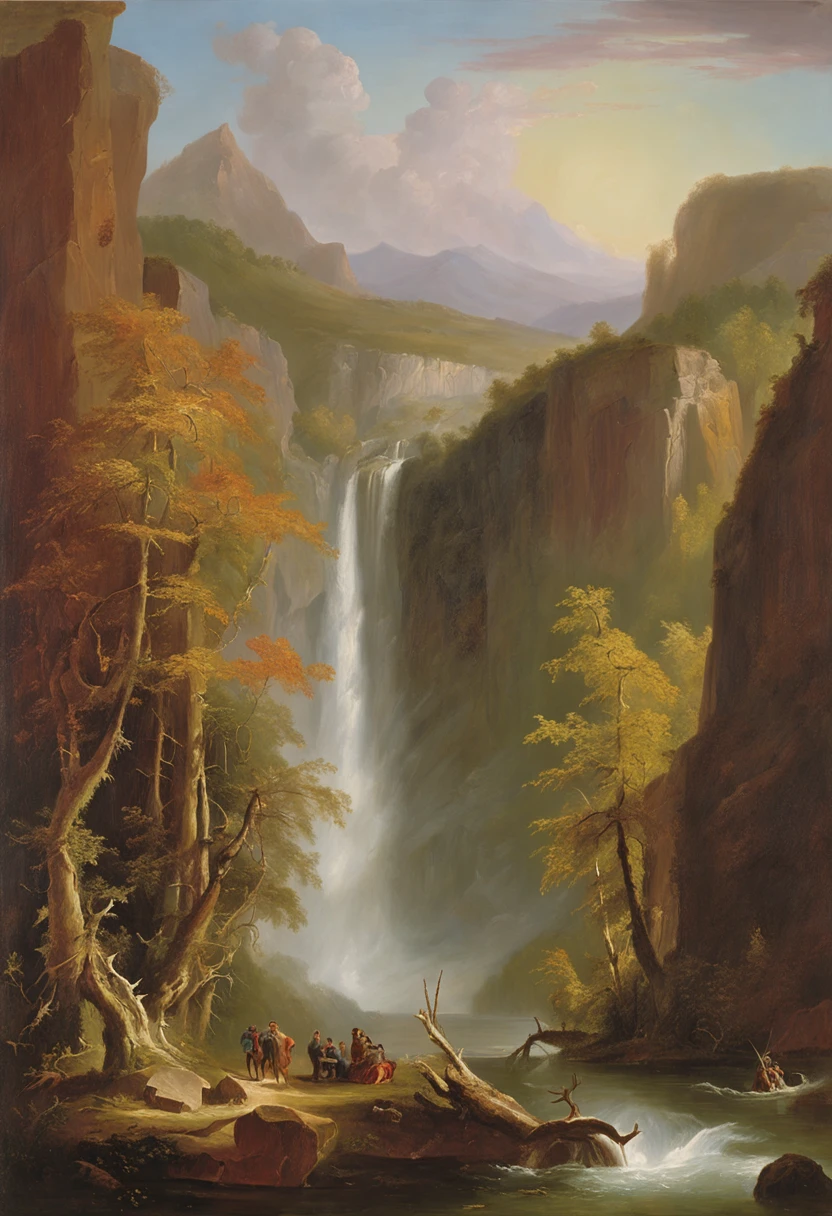 Thomas Cole was a 19th-century American landscape painter，Considered the founder of the Hudson River School。Cole's works are all romantic，Meticulous and realistic，It mainly depicts the natural scenery of the United States。（Hudson River School painter and「steampunc」combine，The images generated by the AI are of high quality）