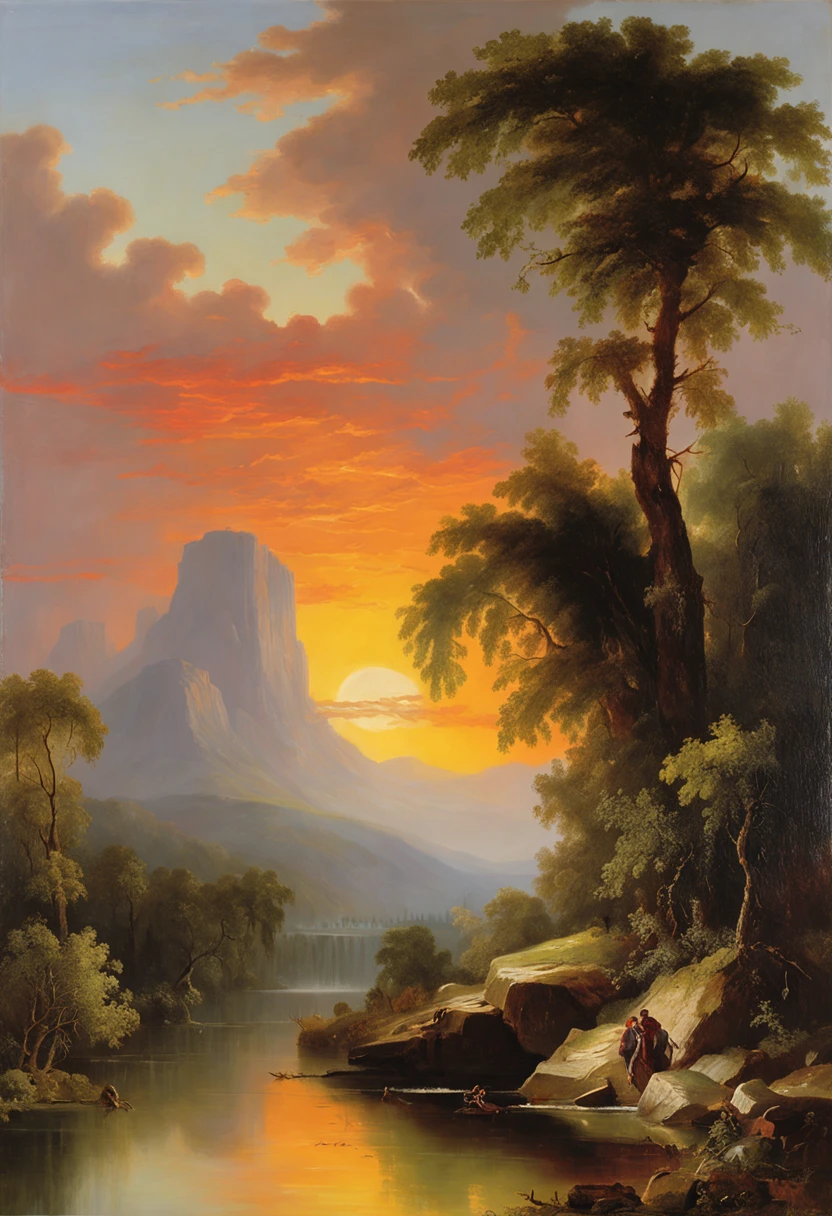 Thomas Cole was a 19th-century American landscape painter，Considered the founder of the Hudson River School。Cole's works are all romantic，Meticulous and realistic，It mainly depicts the natural scenery of the United States。（Hudson River School painter and「steampunc」combine，The images generated by the AI are of high quality）