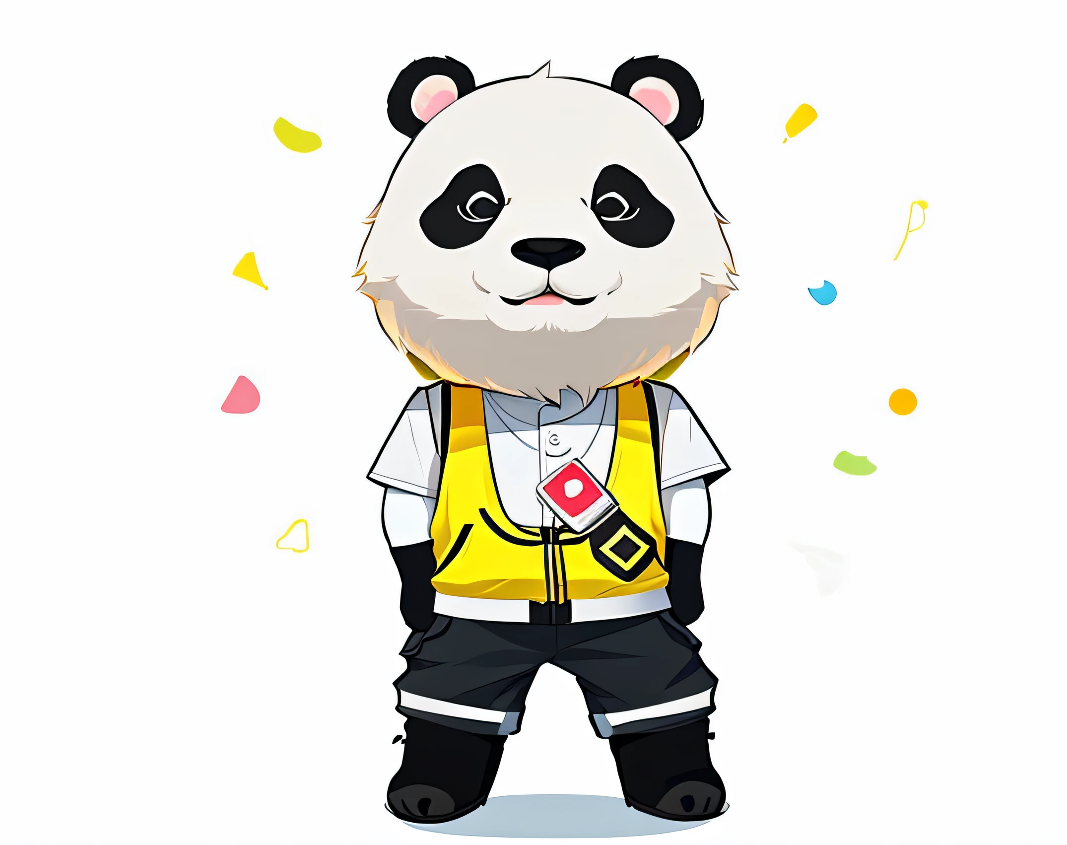 Cartoon panda bear in yellow vest and black pants, panda panda panda, gta chinatowon art style, inspired by Luo Ping, inspired by Zhu Da, trending on dribbble.com mascot, mascot illustrations, Cute panda, inspired by Xi Gang, Panda, sports team mascot, full body mascot, high quality character design, inspired by Fan Qi