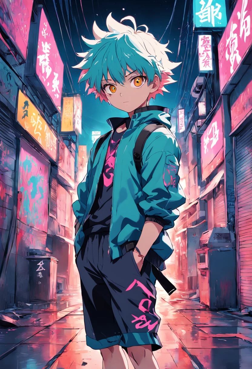 Generate a series of images that represent a graffiti-style anime theme, incorporando elementos como jujutsu kaisen. Use a neon color palette to convey a sense of technology. Create 4 variations